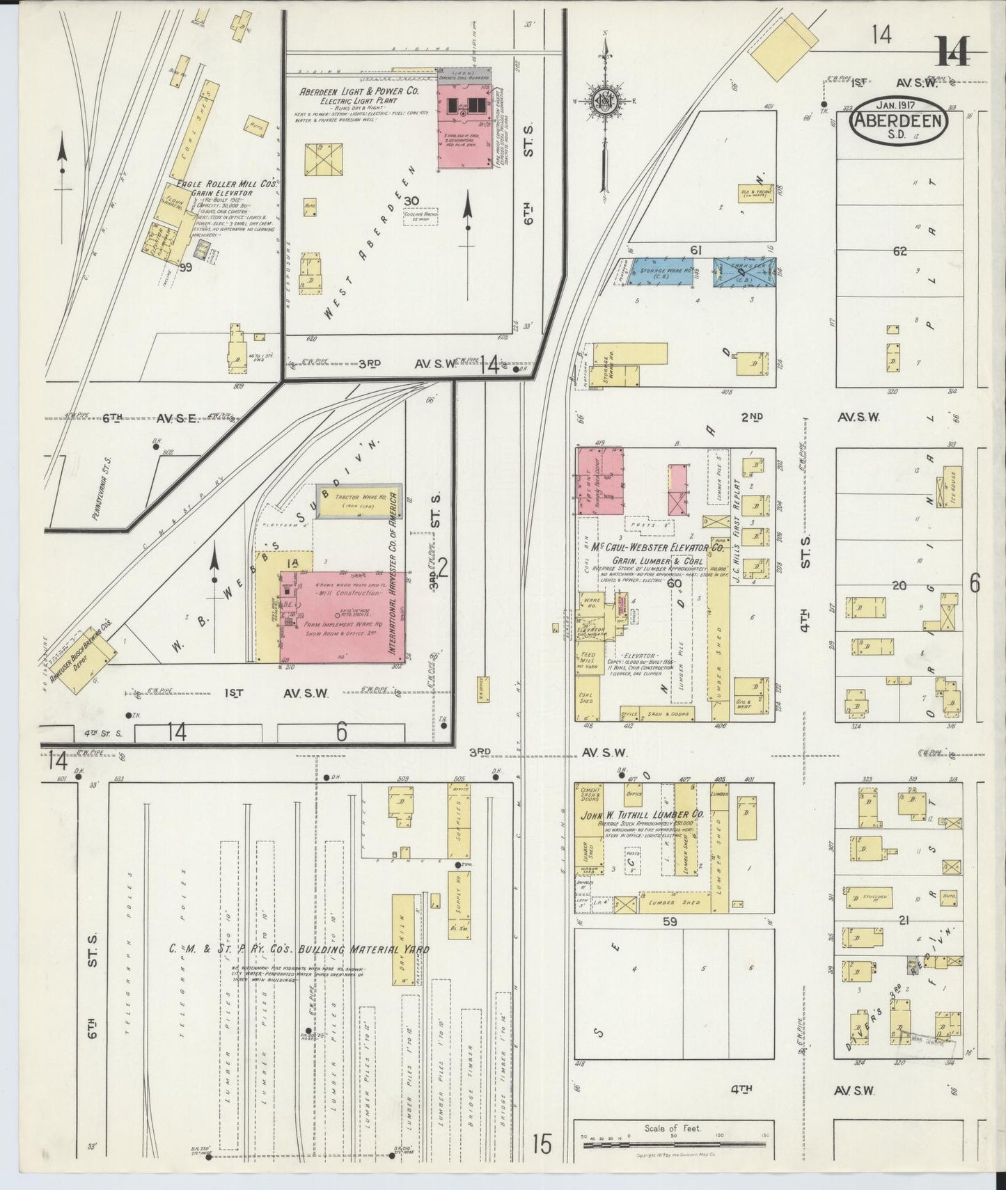 Sanborn Fire Insurance Map from Aberdeen, Brown County, South Dakota (1917), Sheet #0014 - Historic Sanborn Fire Insurance Map Print, vintage old map wall art, antique decor, genealogy gift, South Dakota South Dakota map