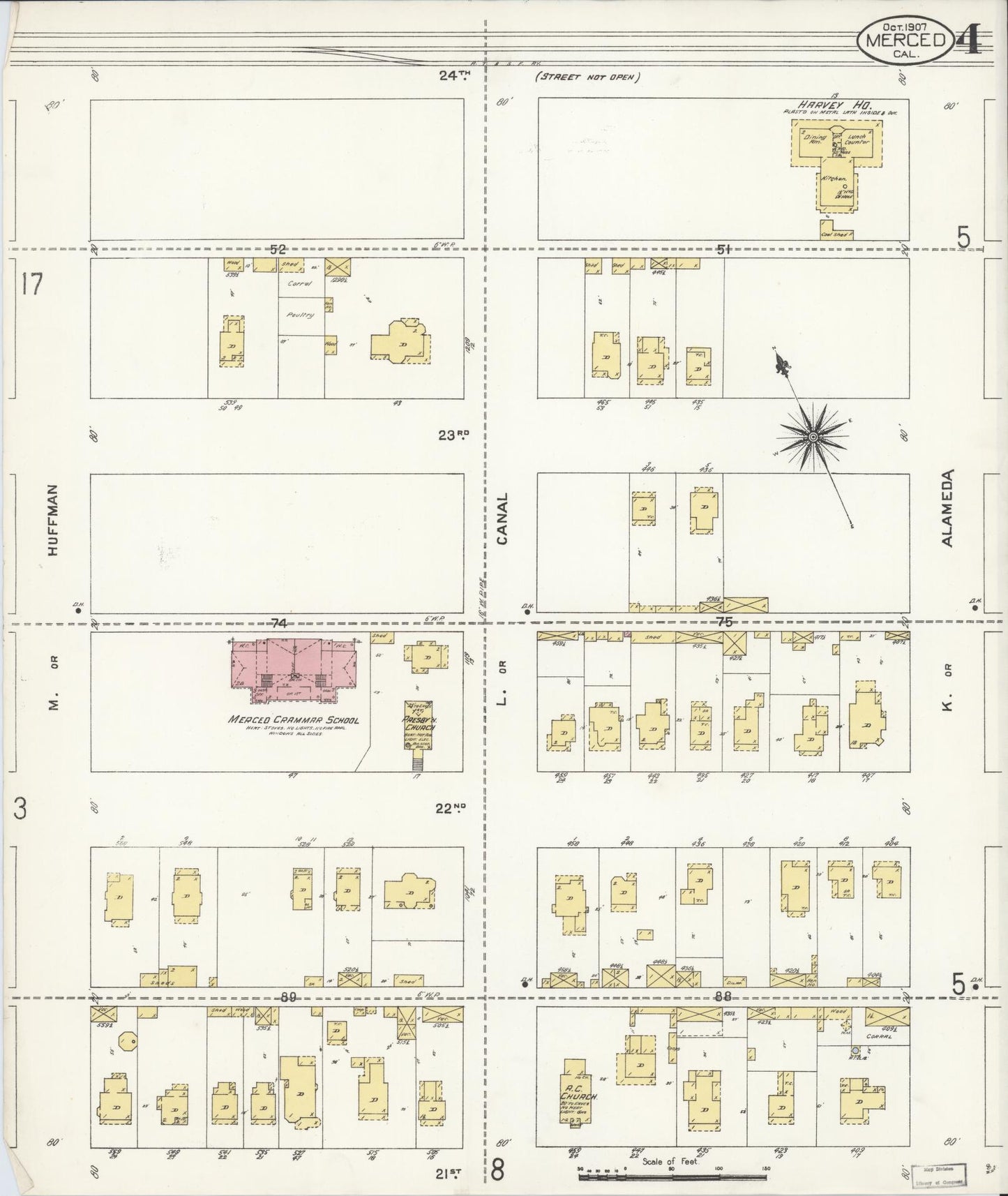 Sanborn Fire Insurance Map from Merced, Merced County, California (1907), Sheet #0004 - Historic Sanborn Fire Insurance Map Print, vintage old map wall art, antique decor, genealogy gift, California California map