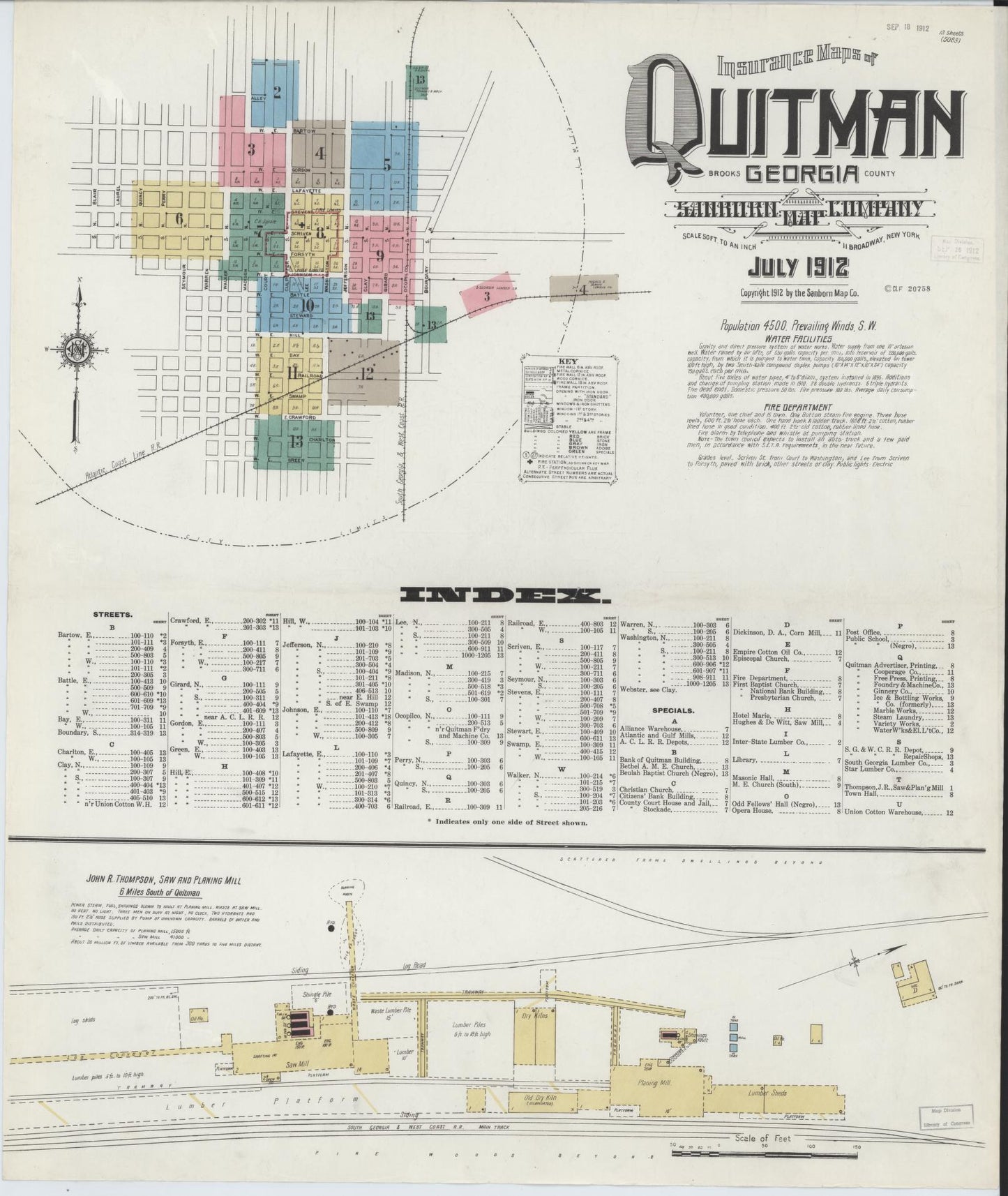 Sanborn Fire Insurance Map from Quitman, Brooks County, Georgia (1912), Sheet #0001 - Historic Sanborn Fire Insurance Map Print, vintage old map wall art, antique decor, genealogy gift, Georgia Georgia map