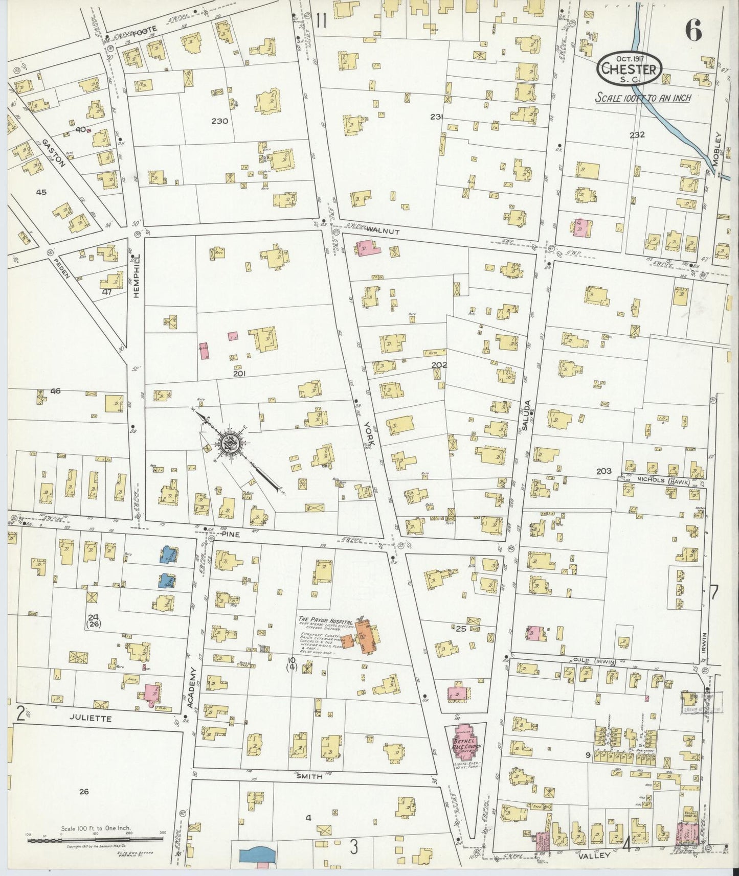 Sanborn Fire Insurance Map from Chester, Chester County, South Carolina (1917), Sheet #0006 - Historic Sanborn Fire Insurance Map Print, vintage old map wall art, antique decor, genealogy gift, South Carolina South Carolina map