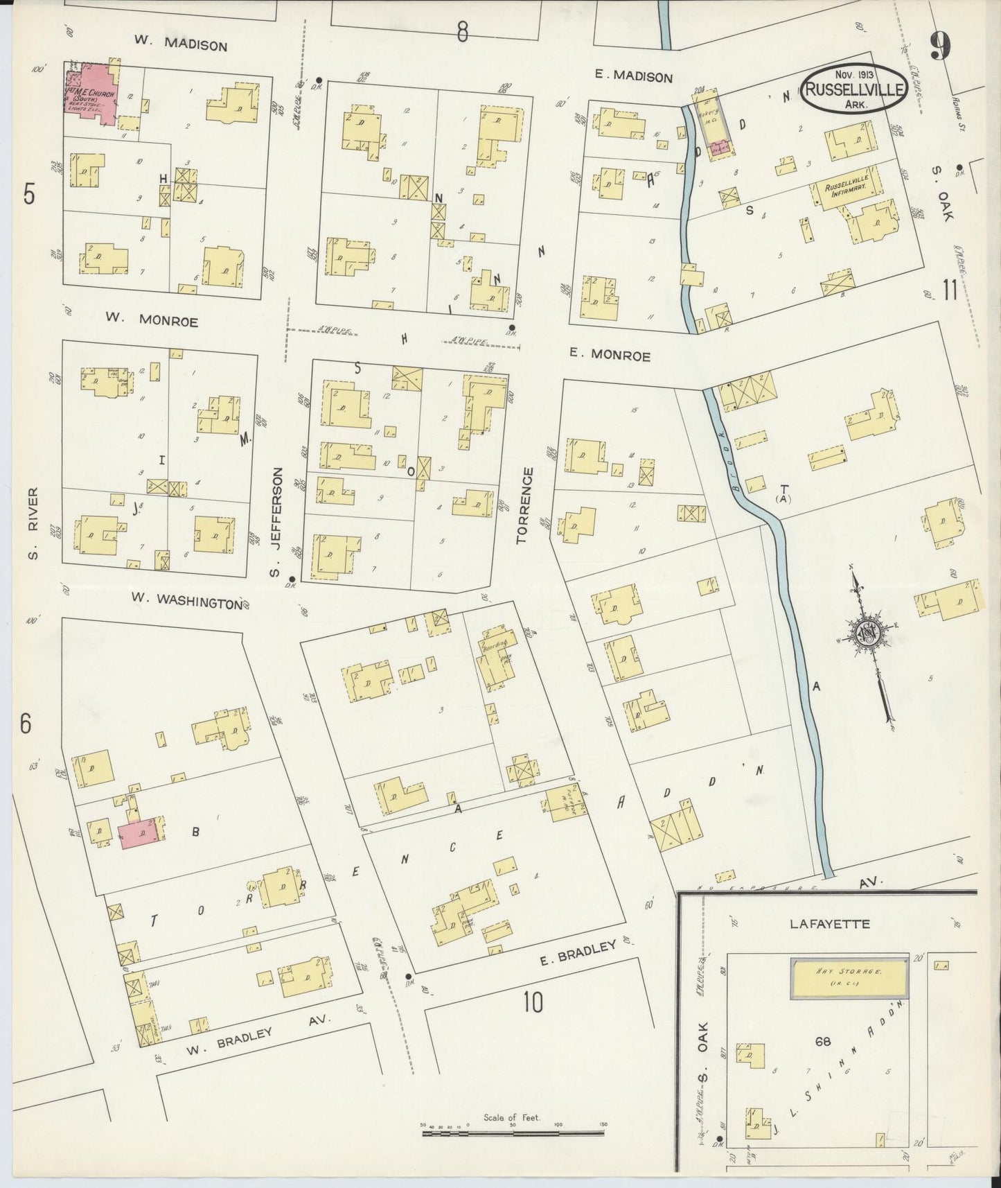Sanborn Fire Insurance Map from Russellville, Pope County, Arkansas (1913), Sheet #0009 - Historic Sanborn Fire Insurance Map Print, vintage old map wall art, antique decor, genealogy gift, Arkansas Arkansas map