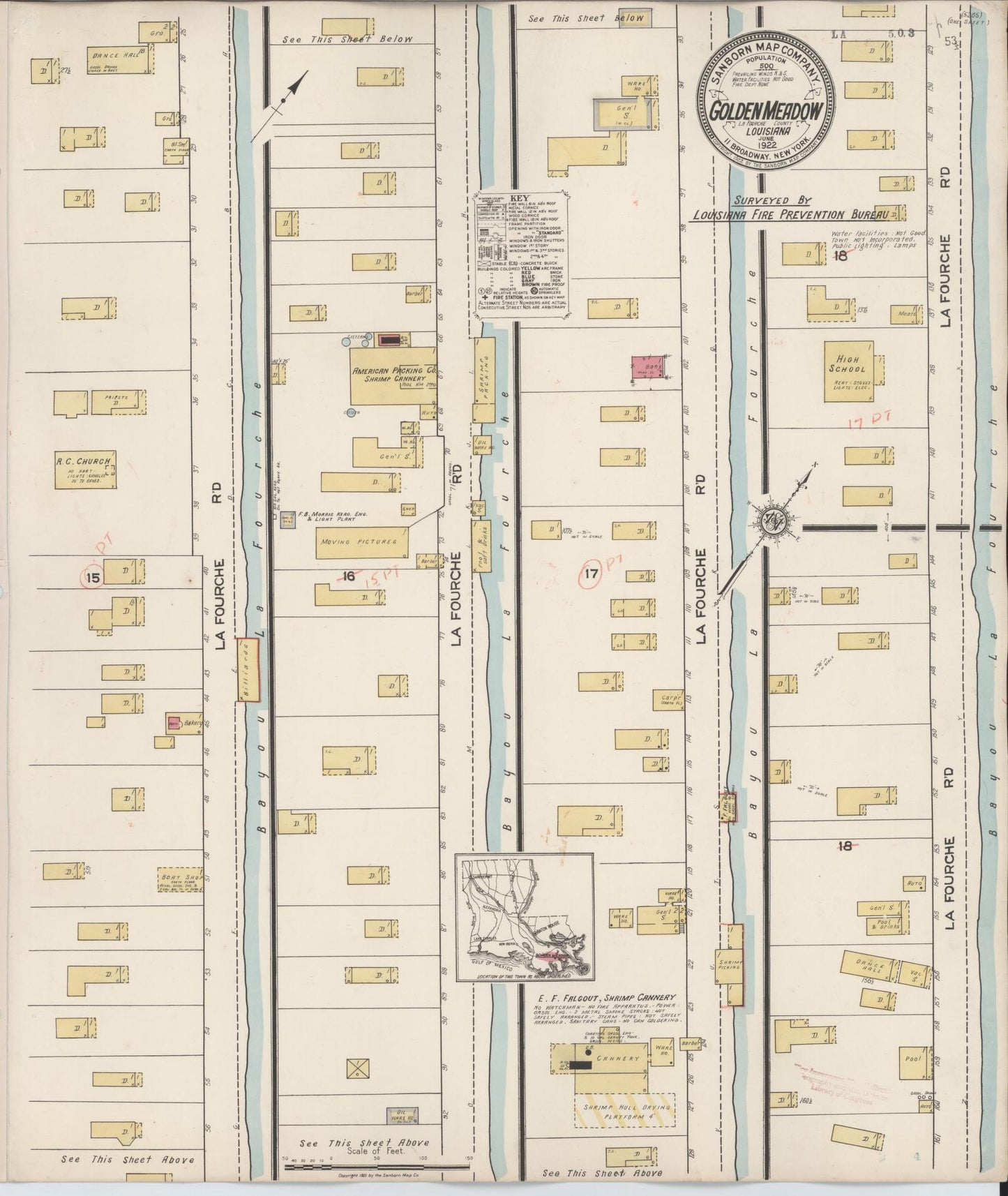 Sanborn Fire Insurance Map from Golden Meadow, Lafourche Parish, Louisiana (1922), Sheet #0001 - Historic Sanborn Fire Insurance Map Print, vintage old map wall art, antique decor, genealogy gift, Louisiana Louisiana map