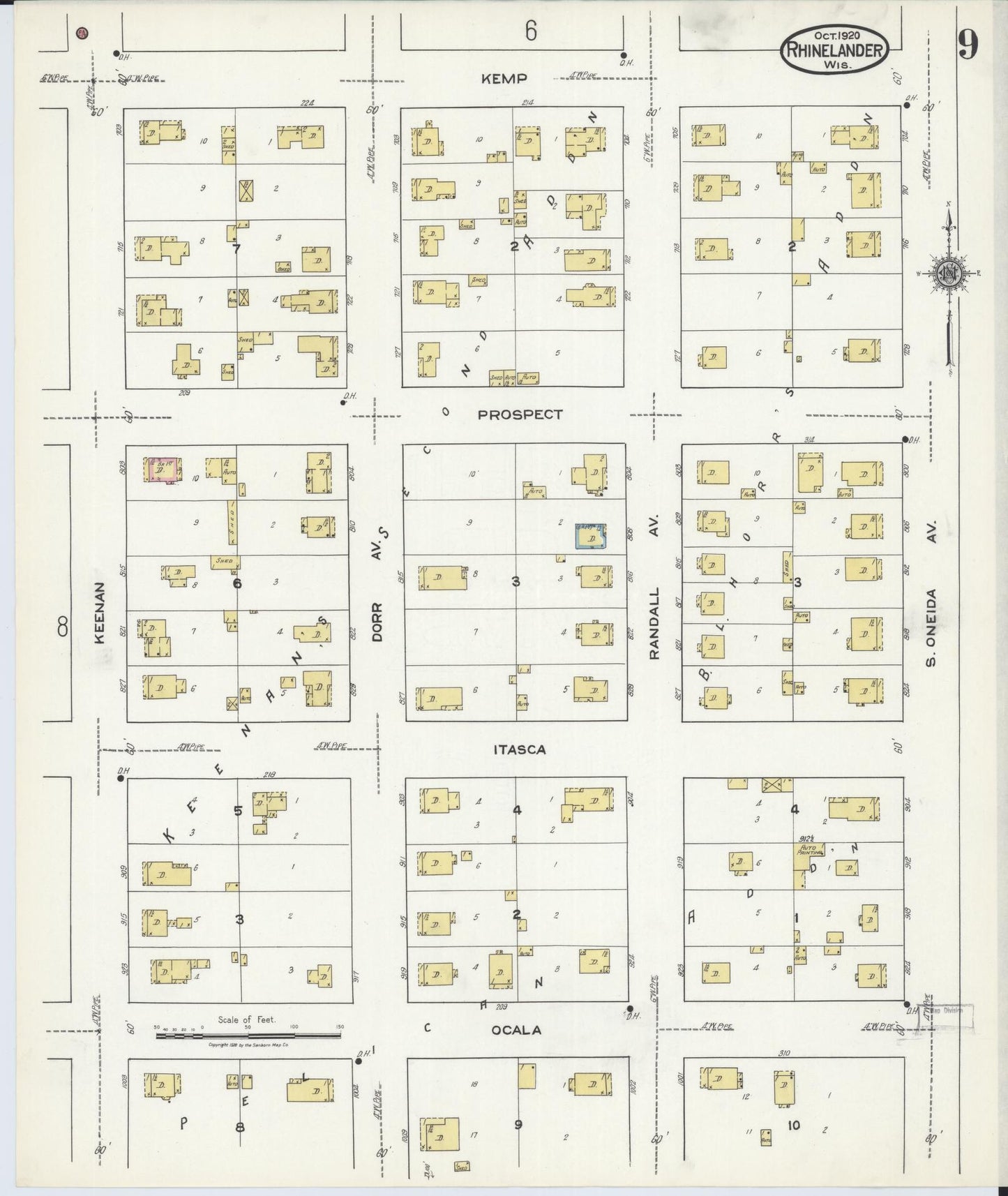 Sanborn Fire Insurance Map from Rhinelander, Oneida County, Wisconsin (1920), Sheet #0009 - Historic Sanborn Fire Insurance Map Print, vintage old map wall art, antique decor, genealogy gift, Wisconsin Wisconsin map