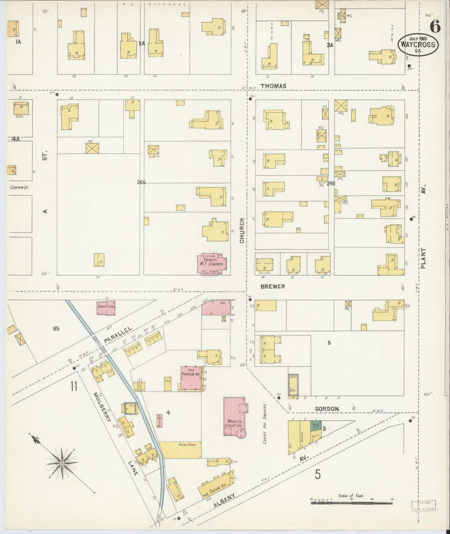 Sanborn Fire Insurance Map from Waycross, Ware County, Georgia (1903), Sheet #0006 - Historic Sanborn Fire Insurance Map Print, vintage old map wall art, antique decor, genealogy gift, Georgia Georgia map