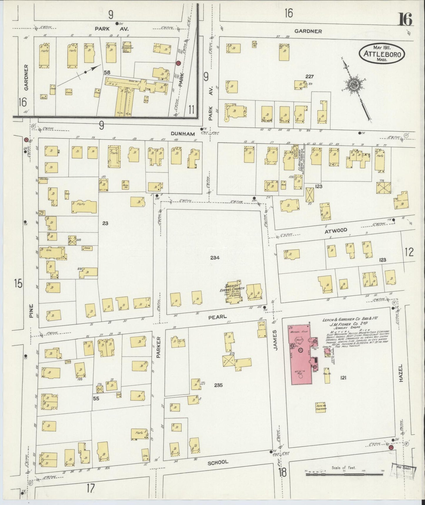 Sanborn Fire Insurance Map from Attleboro, Bristol County, Massachusetts (1911), Sheet #0016 - Historic Sanborn Fire Insurance Map Print, vintage old map wall art, antique decor, genealogy gift, Massachusetts Massachusetts map