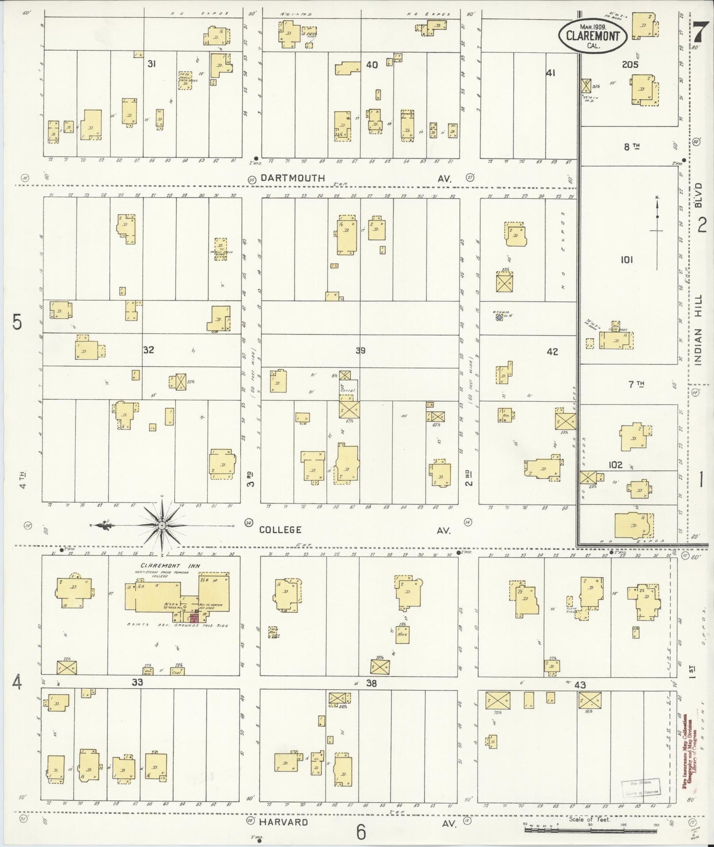 Sanborn Fire Insurance Map from Claremont, Los Angeles County, California (1909), Sheet #0007 - Historic Sanborn Fire Insurance Map Print, vintage old map wall art, antique decor, genealogy gift, California California map
