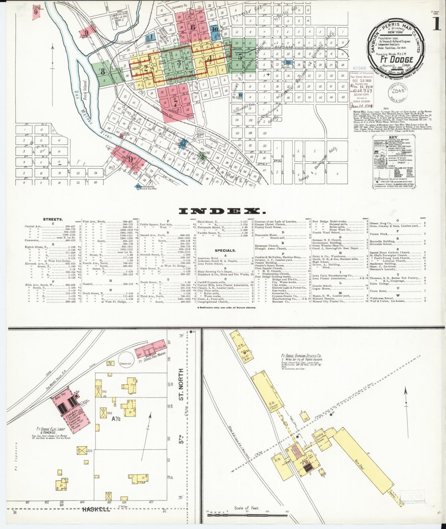 Sanborn Fire Insurance Map from Fort Dodge, Webster County, Iowa (1900), Sheet #0001 - Historic Sanborn Fire Insurance Map Print, vintage old map wall art