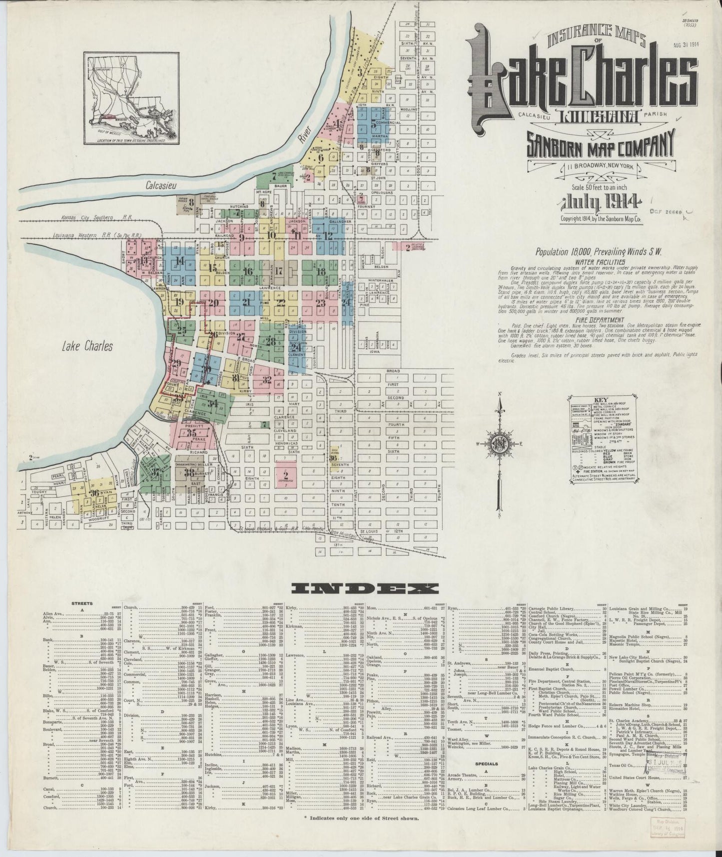 Sanborn Fire Insurance Map from Lake Charles, Calcasieu Parish, Louisiana (1914), Sheet #0001 - Historic Sanborn Fire Insurance Map Print, vintage old map wall art, antique decor, genealogy gift, Louisiana Louisiana map