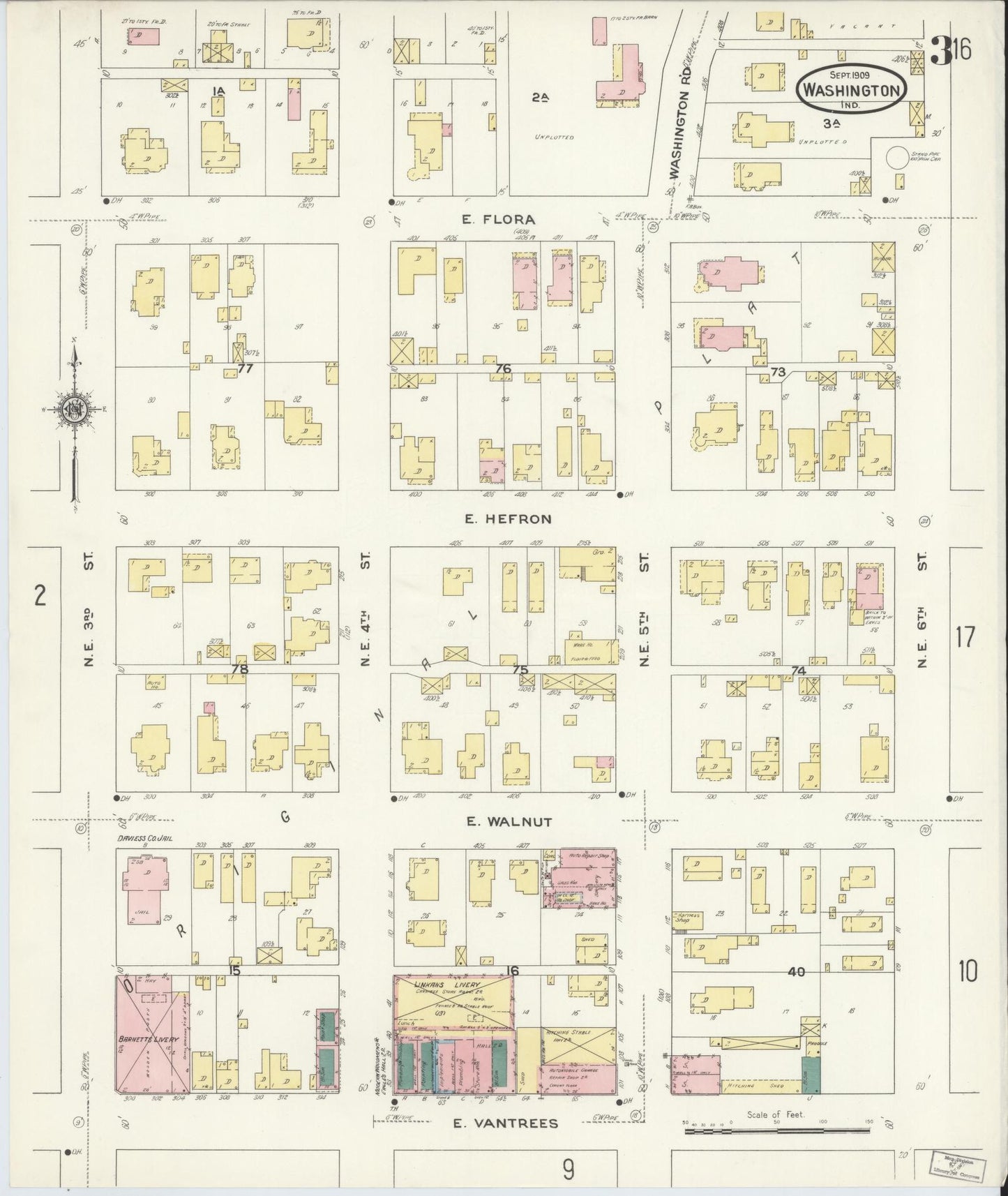 Sanborn Fire Insurance Map from Washington, Daviess County, Indiana (1909), Sheet #0003 - Historic Sanborn Fire Insurance Map Print, vintage old map wall art, antique decor, genealogy gift, Washington Washington map