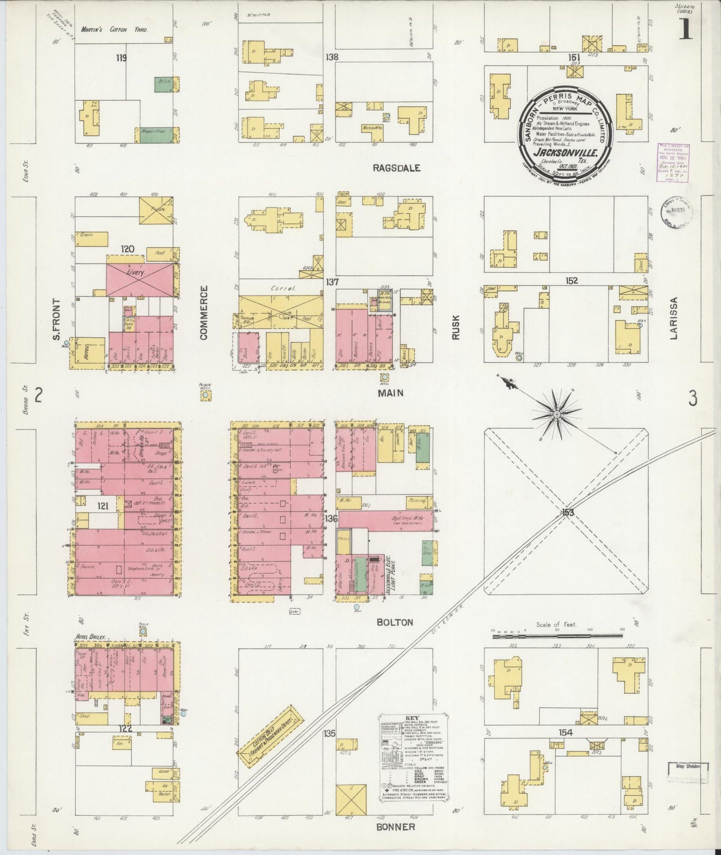 Sanborn Fire Insurance Map from Jacksonville, Cherokee County, Texas. (1901), Sheet 1 – Historic Sanborn Fire Insurance Map Print