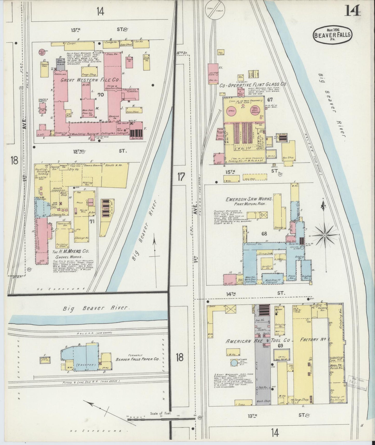 Sanborn Fire Insurance Map from Beaver Falls, Beaver County, Pennsylvania (1896), Sheet #0014 - Historic Sanborn Fire Insurance Map Print, vintage old map wall art, antique decor, genealogy gift, Pennsylvania Pennsylvania map