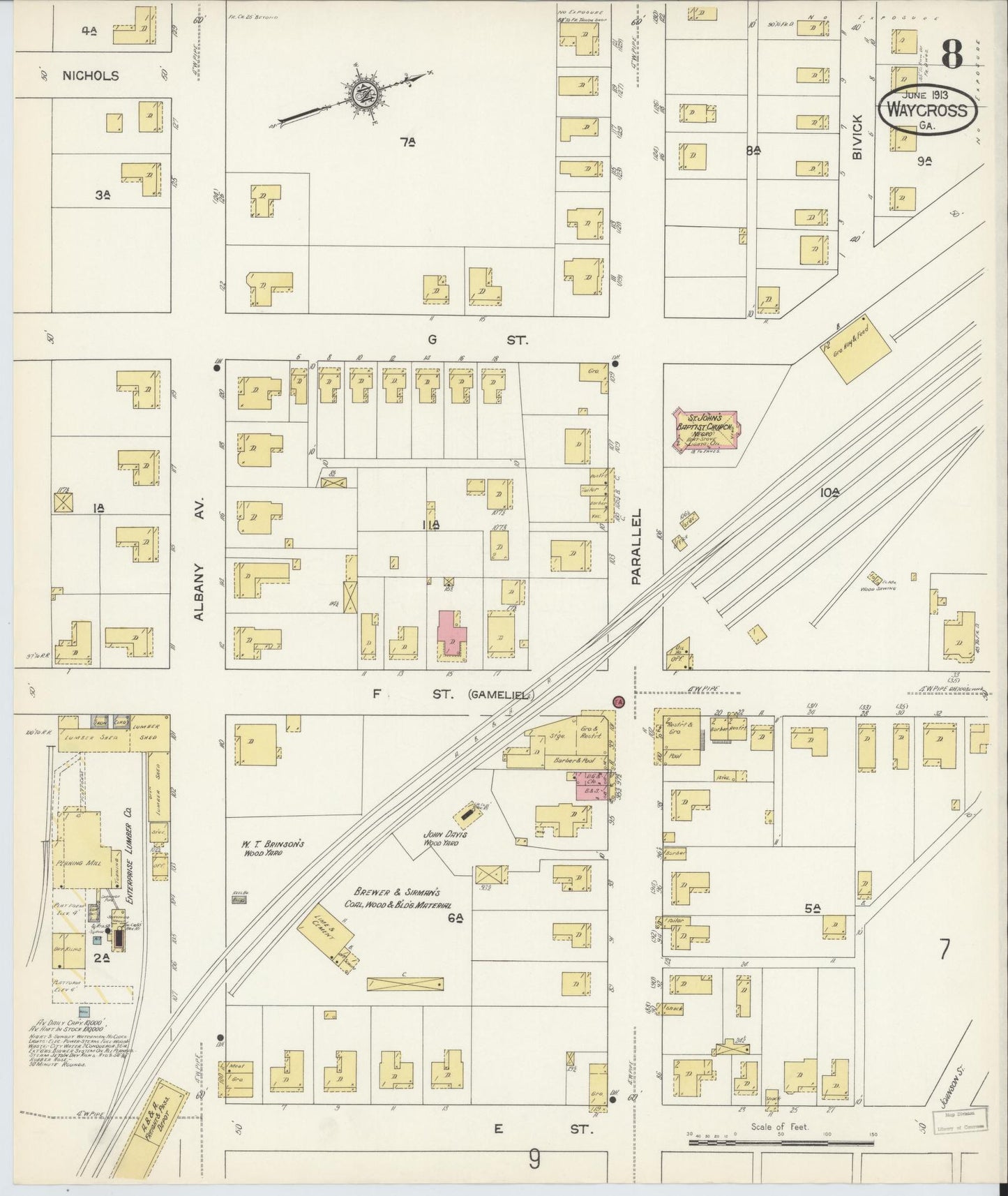 Sanborn Fire Insurance Map from Waycross, Ware County, Georgia (1913), Sheet #0008 - Historic Sanborn Fire Insurance Map Print, vintage old map wall art, antique decor, genealogy gift, Georgia Georgia map