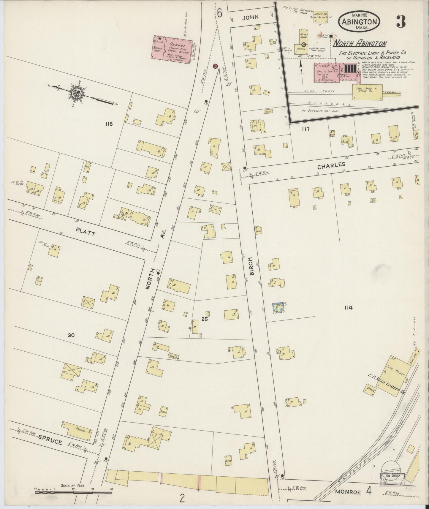 Sanborn Fire Insurance Map from Abington, Plymouth County, Massachusetts (1915), Sheet #0003 - Historic Sanborn Fire Insurance Map Print, vintage old map wall art, antique decor, genealogy gift, Massachusetts Massachusetts map