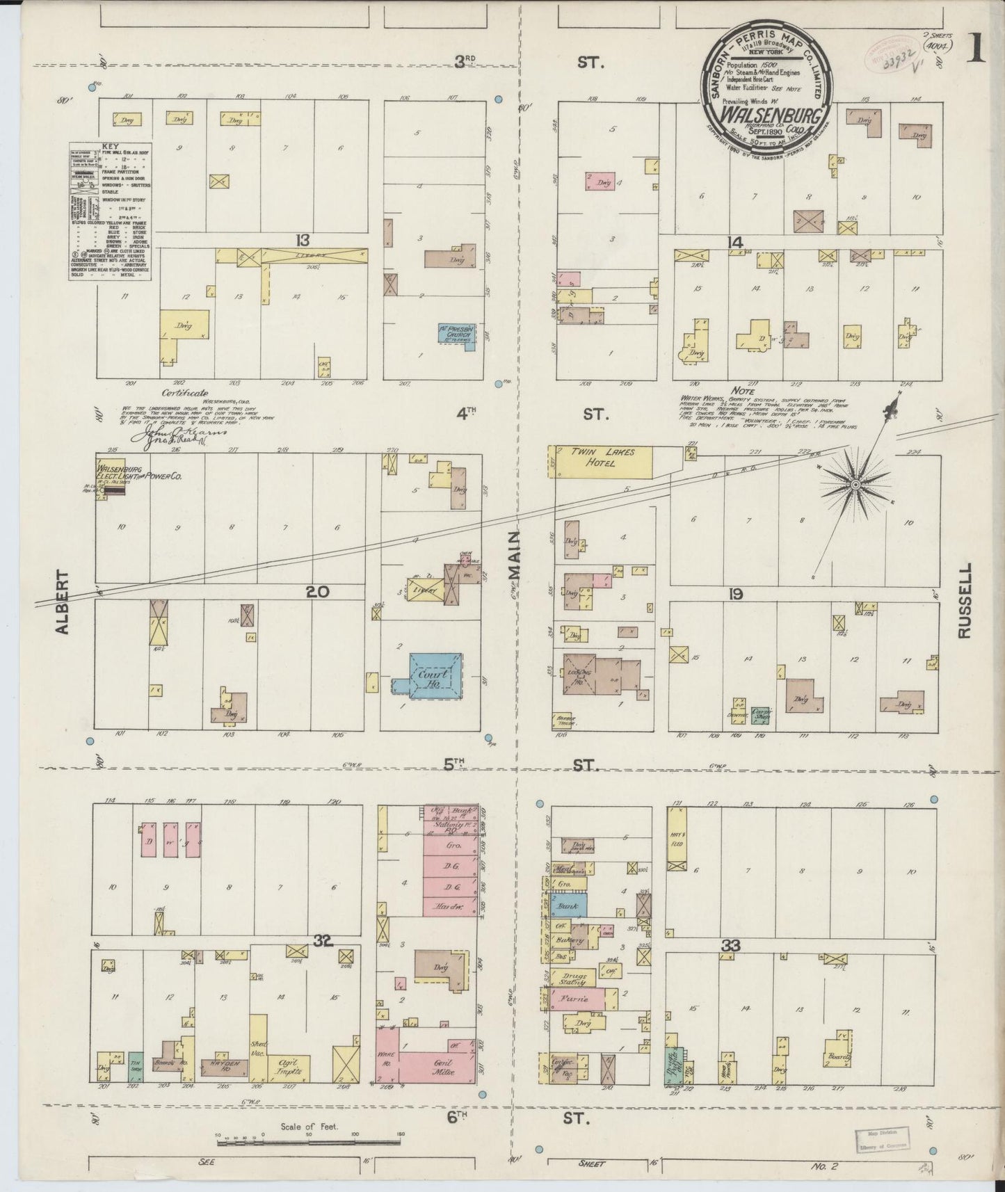 Sanborn Fire Insurance Map from Walsenburg, Huerfano County, Colorado (1890), Sheet #0001 - Historic Sanborn Fire Insurance Map Print, vintage old map wall art, antique decor, genealogy gift, Colorado Colorado map