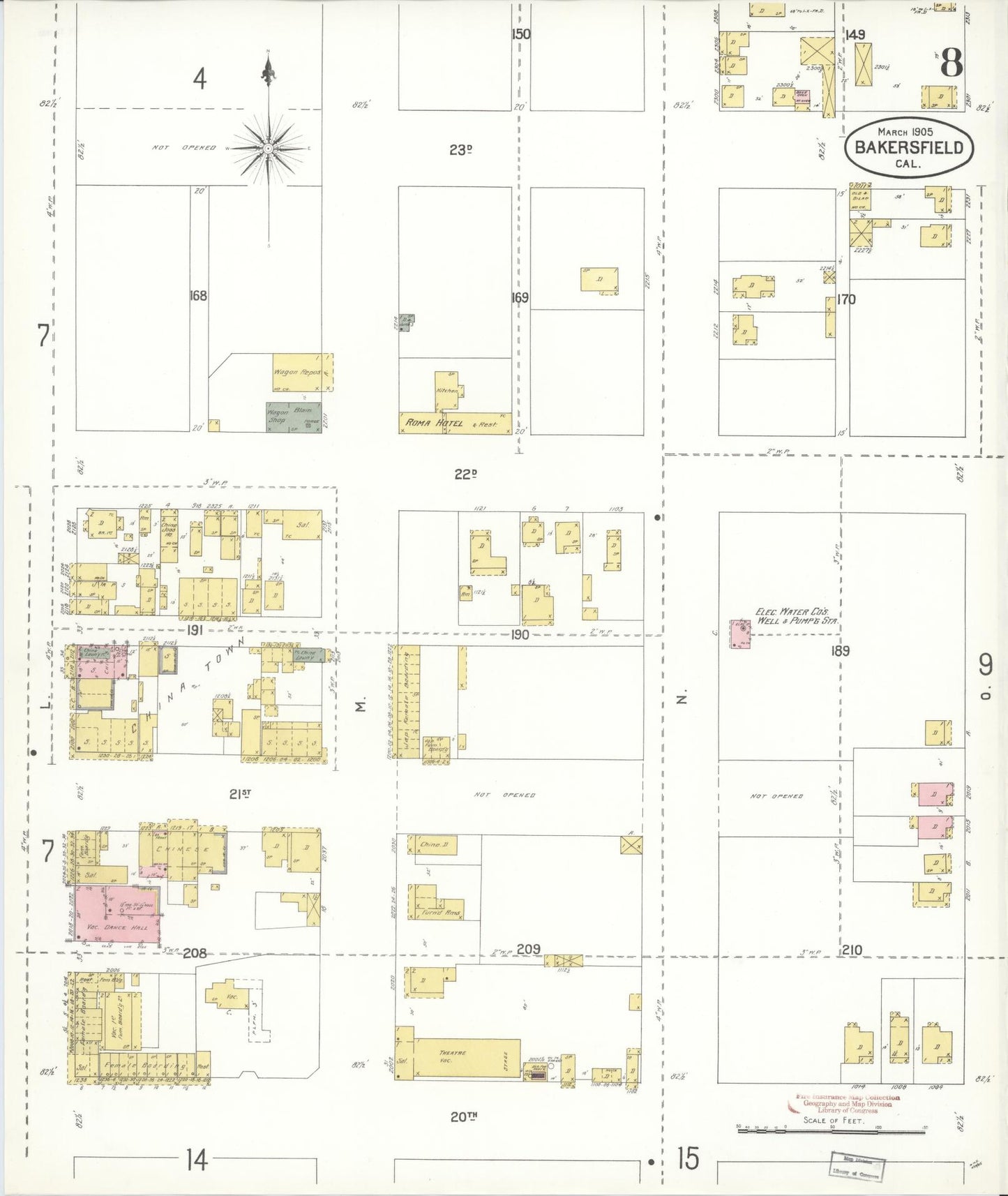 Sanborn Fire Insurance Map from Bakersfield, Kern County, California (1905), Sheet #0008 - Historic Sanborn Fire Insurance Map Print, vintage old map wall art, antique decor, genealogy gift, California California map