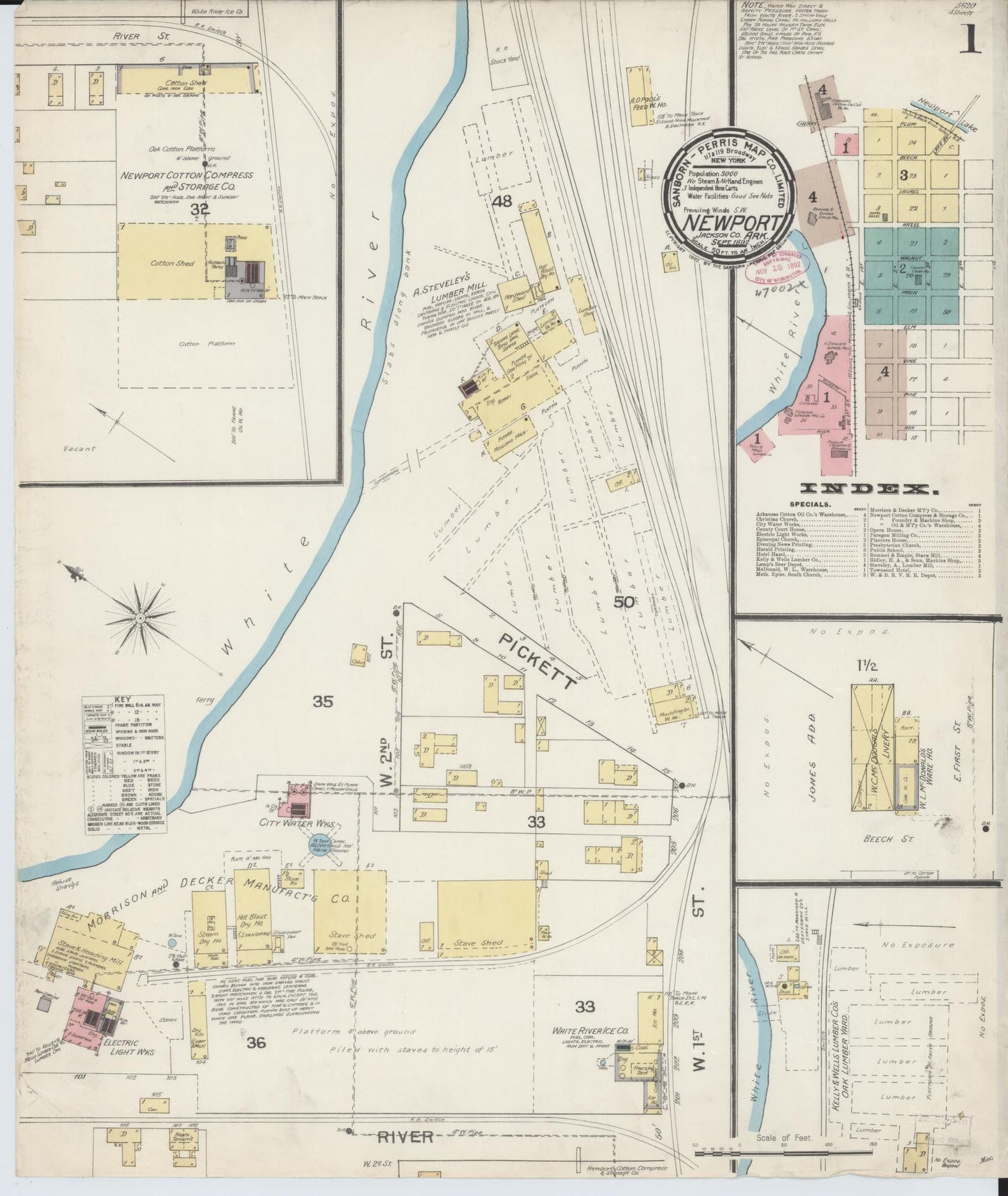 Sanborn Fire Insurance Map from Newport, Jackson County, Arkansas (1892), Sheet #0001 - Historic Sanborn Fire Insurance Map Print, vintage old map wall art, antique decor, genealogy gift, Arkansas Arkansas map