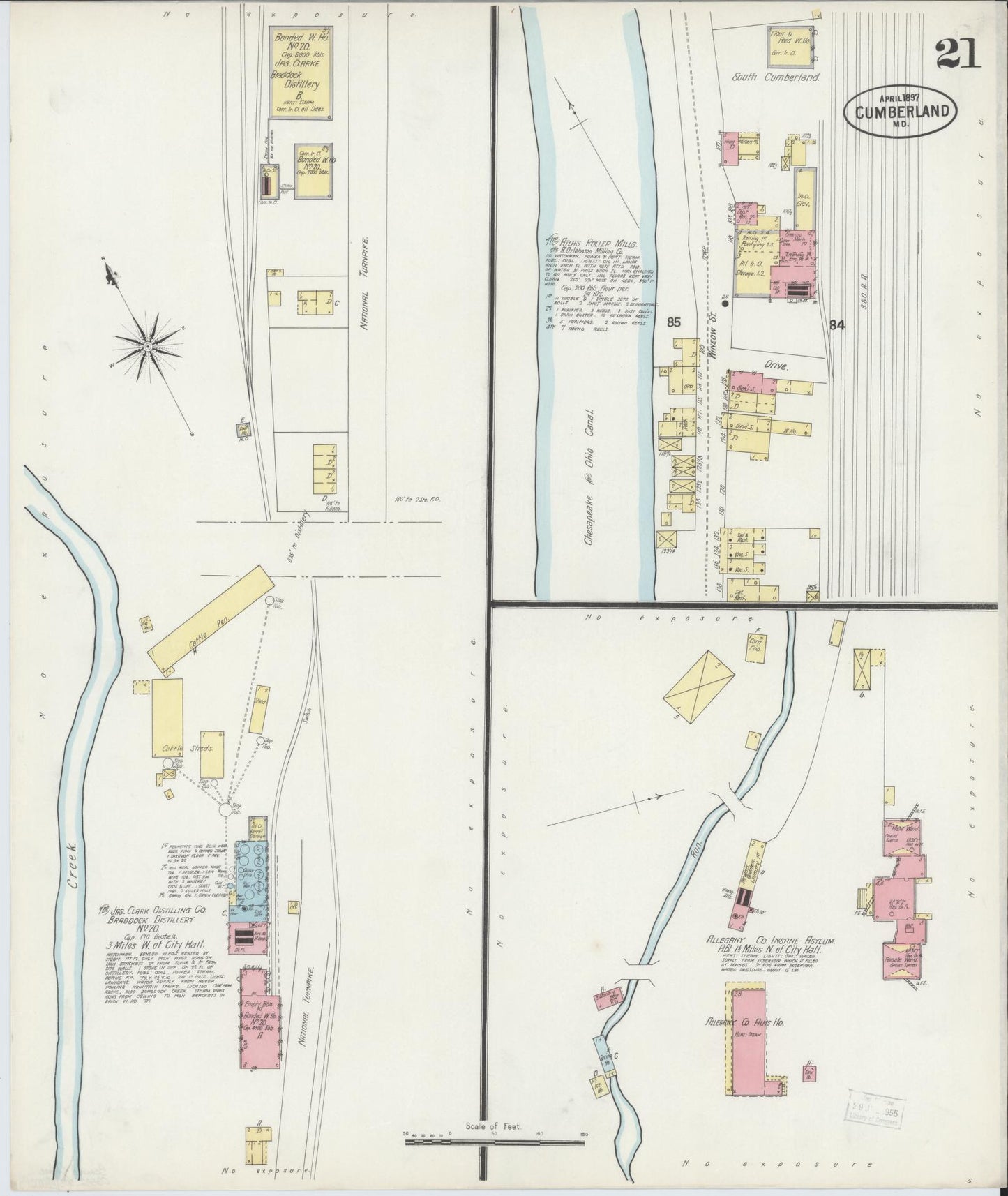 Allegany, Maryland - 1897 - Sanborn Fire Insurance Map, Sheet #0021 - Historic Sanborn Fire Insurance Map Print, Allegany Maryland 1897 0021 vintage old map wall art