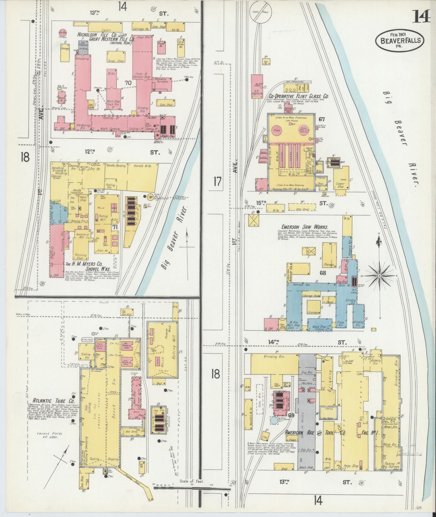 Sanborn Fire Insurance Map from Beaver Falls, Beaver County, Pennsylvania (1901), Sheet #0014 - Historic Sanborn Fire Insurance Map Print, vintage old map wall art, antique decor, genealogy gift, Pennsylvania Pennsylvania map