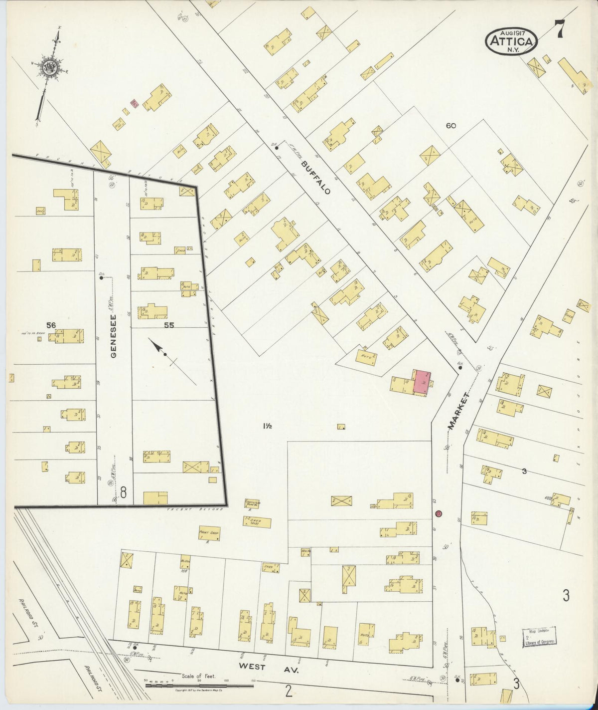 Sanborn Fire Insurance Map from Attica, Wyoming County, New York (1917), Sheet #0007 - Historic Sanborn Fire Insurance Map Print, vintage old map wall art, antique decor, genealogy gift, Attica Wyoming map