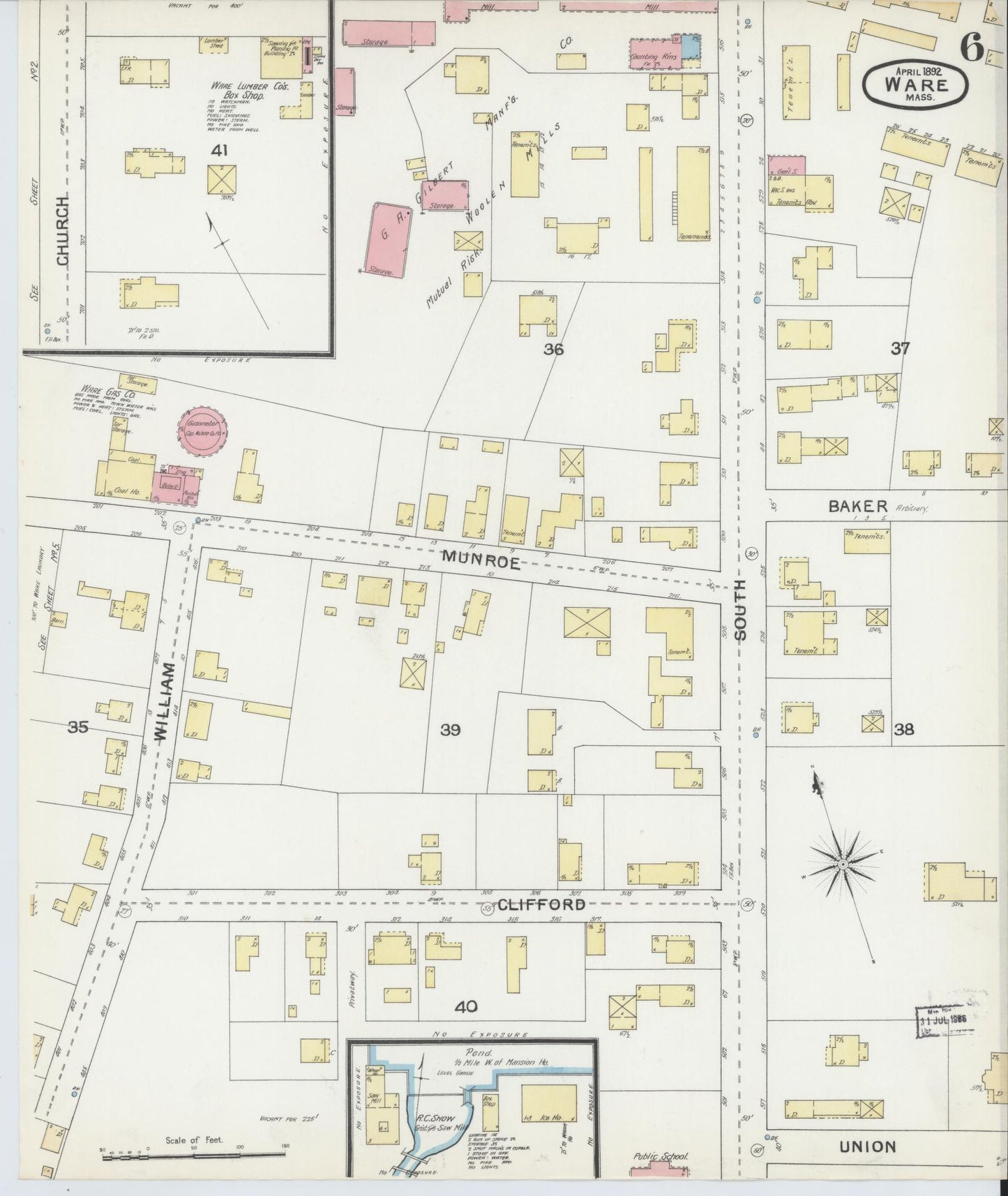 Sanborn Fire Insurance Map from Ware, Hampshire County, Massachusetts (1892), Sheet #0006 - Historic Sanborn Fire Insurance Map Print, vintage old map wall art, antique decor, genealogy gift, Massachusetts Massachusetts map