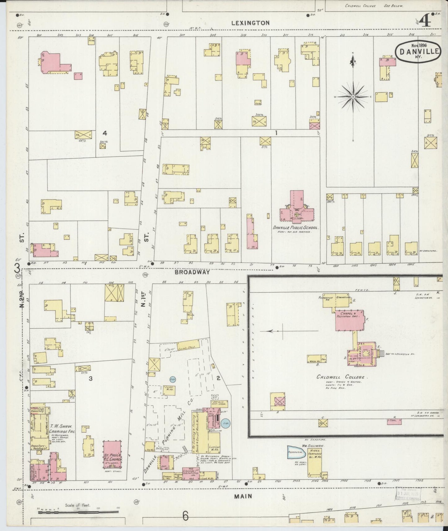 Sanborn Fire Insurance Map from Danville, Boyle County, Kentucky (1896), Sheet #0004 - Historic Sanborn Fire Insurance Map Print, vintage old map wall art, antique decor, genealogy gift, Kentucky Kentucky map