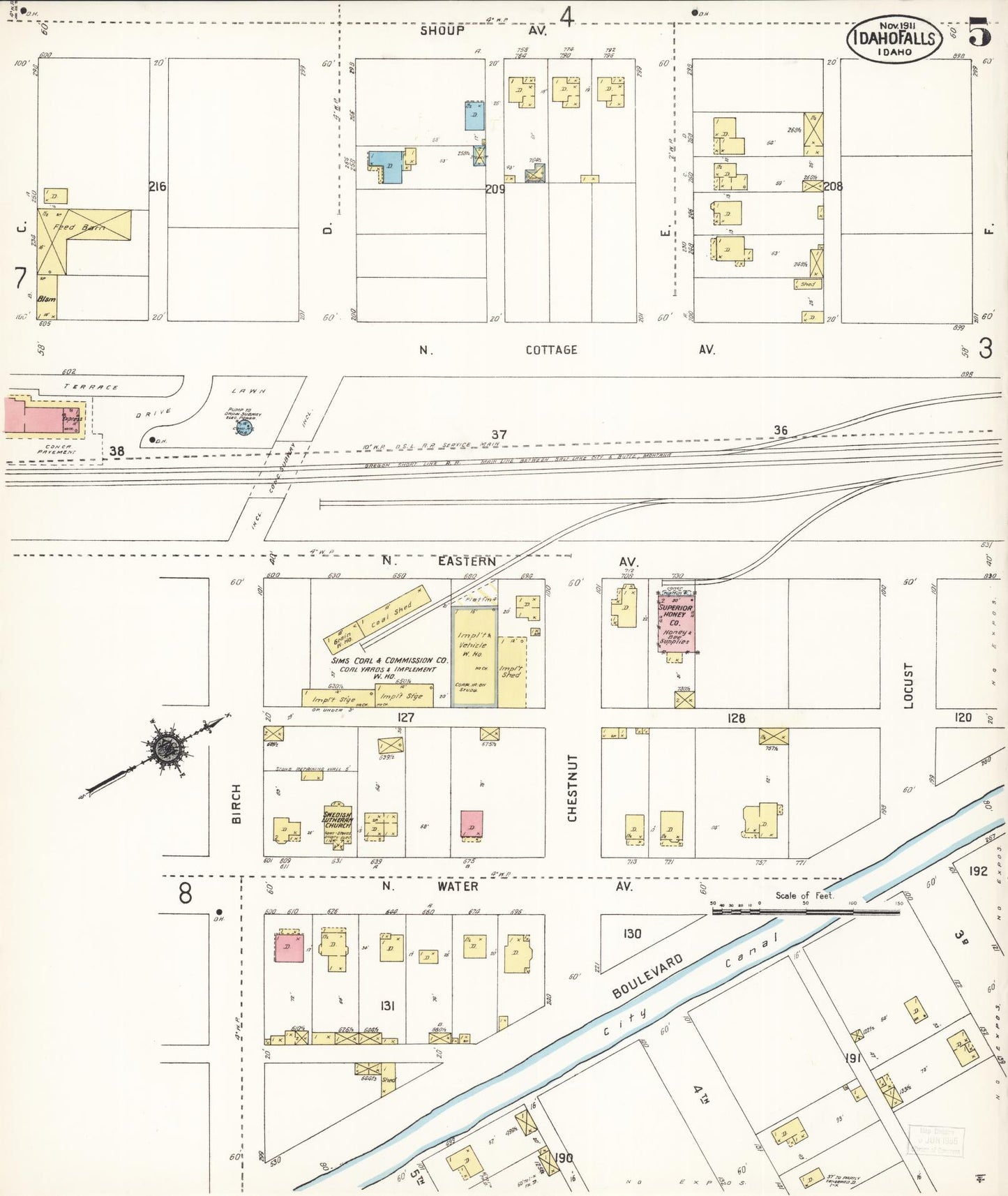 Sanborn Fire Insurance Map from Idaho Falls, Bonneville County, Idaho (1911), Sheet #0005 - Historic Sanborn Fire Insurance Map Print, vintage old map wall art, antique decor, genealogy gift, Idaho Idaho map