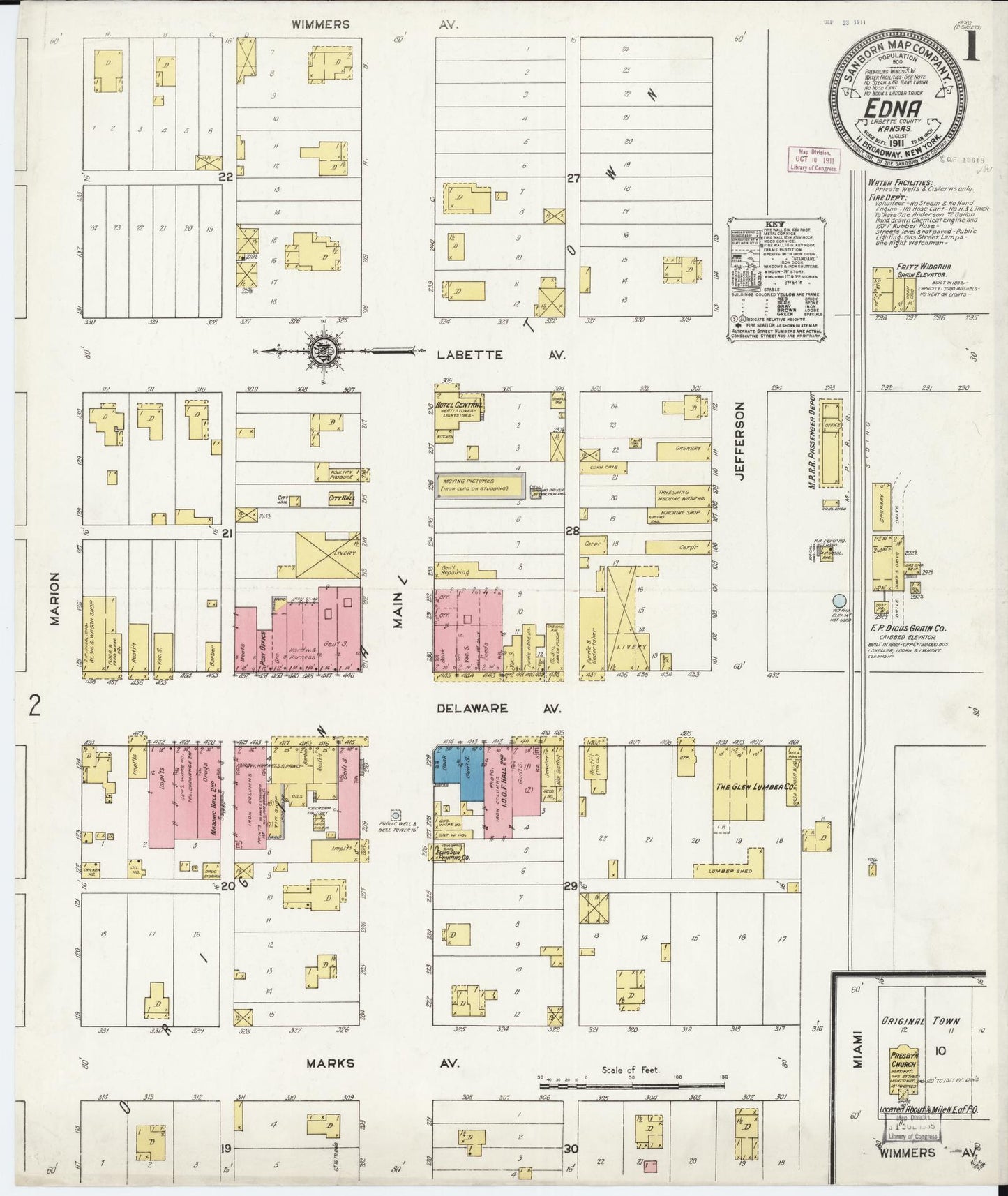 Sanborn Fire Insurance Map from Edna, Labette County, Kansas (1911), Sheet #0001 - Historic Sanborn Fire Insurance Map Print, vintage old map wall art, antique decor, genealogy gift, Kansas Kansas map