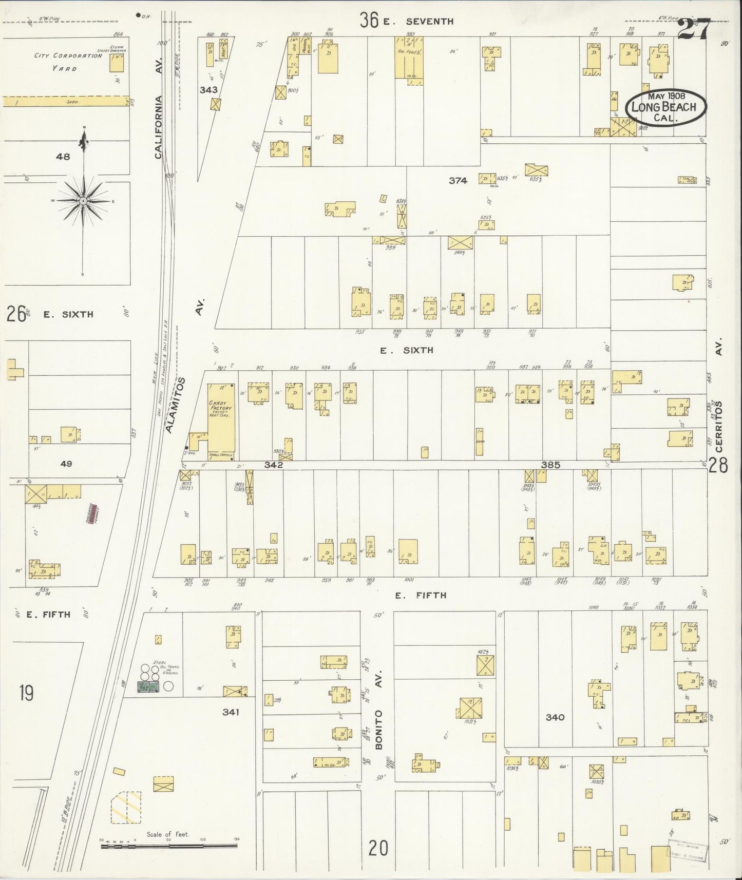 Sanborn Fire Insurance Map from Long Beach, Los Angeles County, California (1908), Sheet #0027 - Historic Sanborn Fire Insurance Map Print, vintage old map wall art, antique decor, genealogy gift, California California map