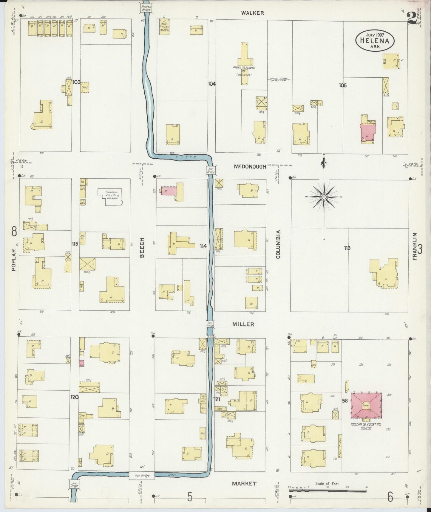 Sanborn Fire Insurance Map from Helena, Phillips County, Arkansas (1907), Sheet #0002 - Historic Sanborn Fire Insurance Map Print, vintage old map wall art, antique decor, genealogy gift, Arkansas Arkansas map