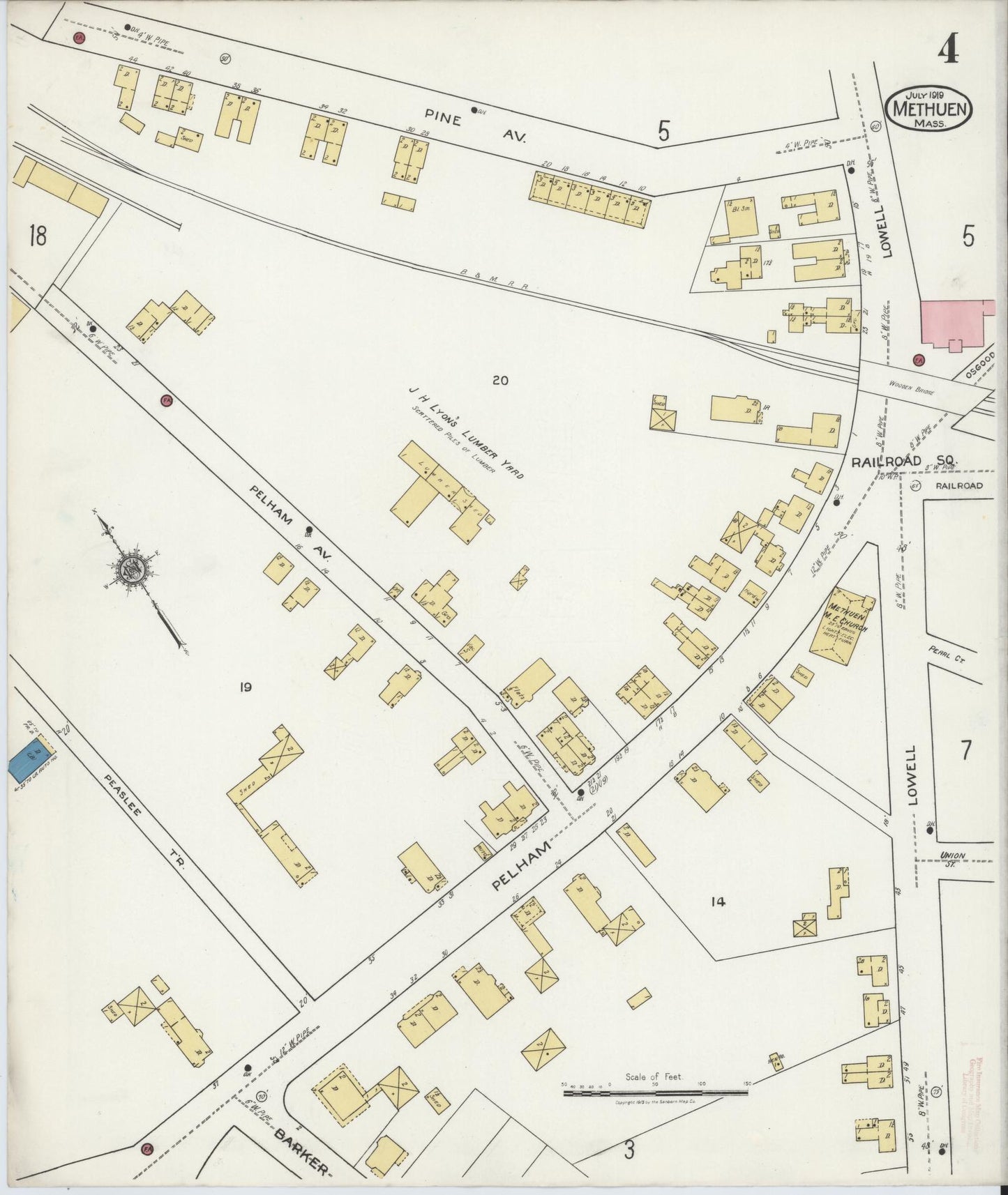 Sanborn Fire Insurance Map from Methuen, Essex County, Massachusetts (1919), Sheet #0004 - Historic Sanborn Fire Insurance Map Print, vintage old map wall art, antique decor, genealogy gift, Massachusetts Massachusetts map