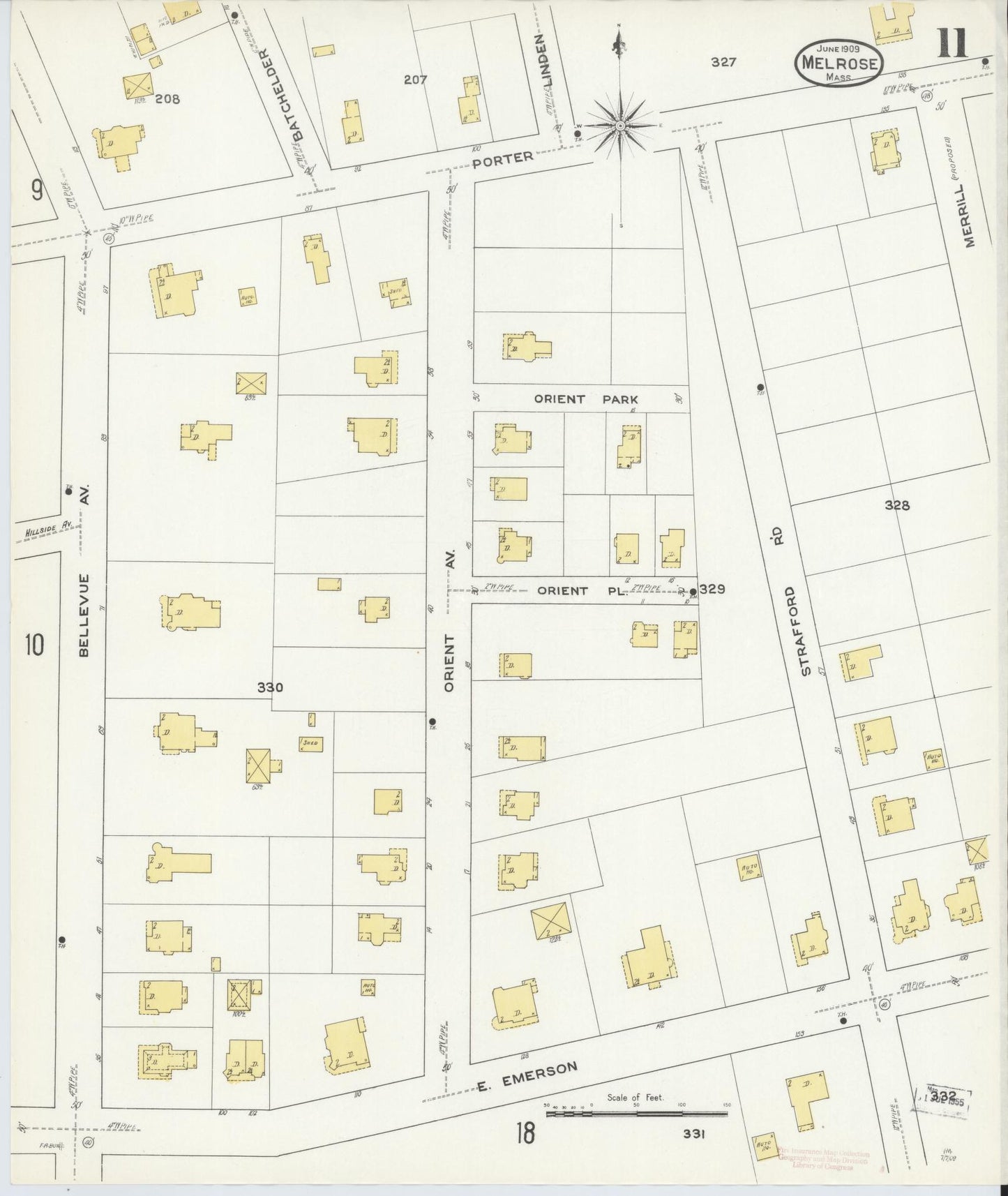Sanborn Fire Insurance Map from Melrose, Middlesex County, Massachusetts (1909), Sheet #0011 - Historic Sanborn Fire Insurance Map Print, vintage old map wall art, antique decor, genealogy gift, Massachusetts Massachusetts map