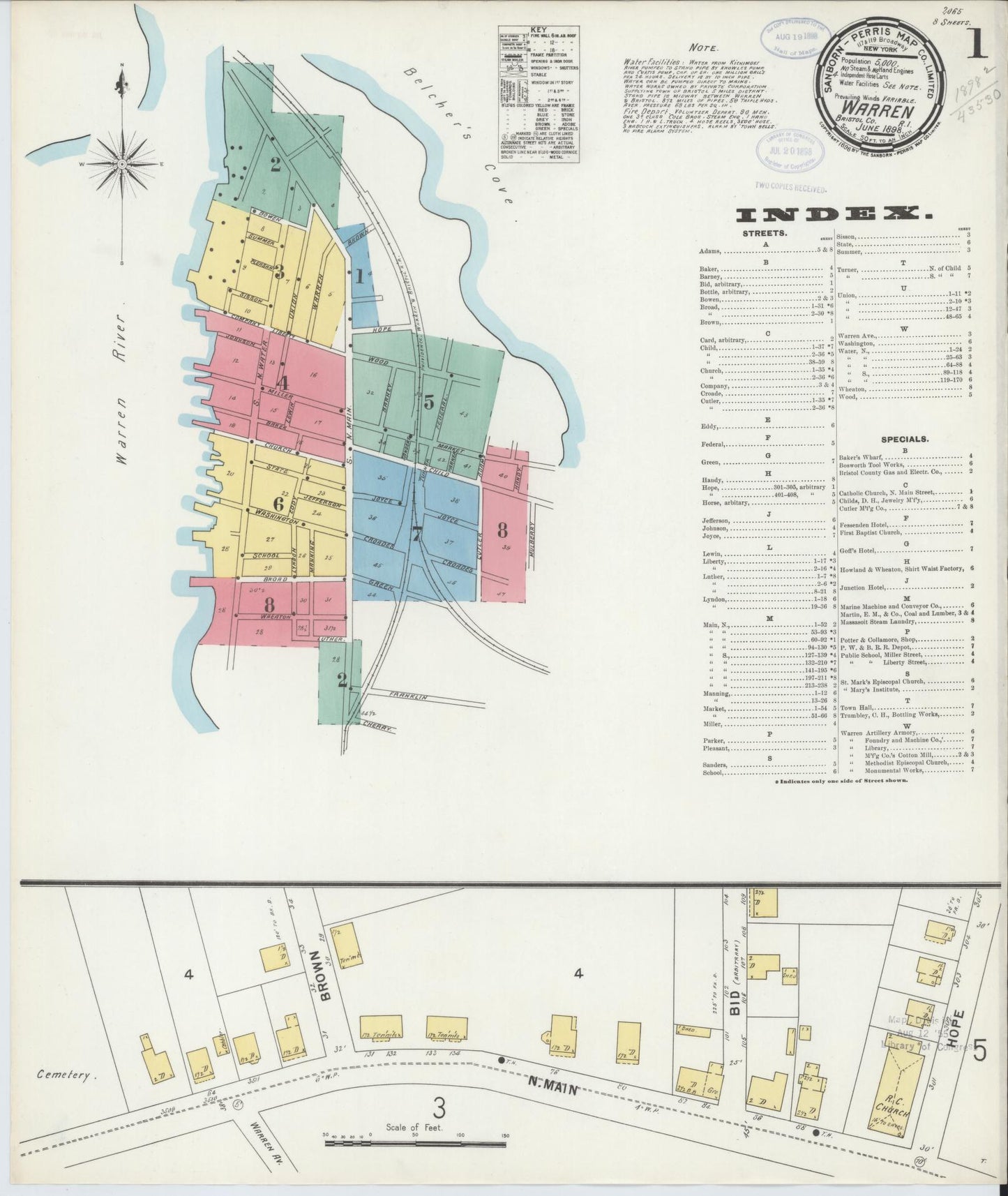 Sanborn Fire Insurance Map from Warren, Bristol County, Rhode Island (1898), Sheet #0001 - Historic Sanborn Fire Insurance Map Print, vintage old map wall art, antique decor, genealogy gift, Rhode Island Rhode Island map