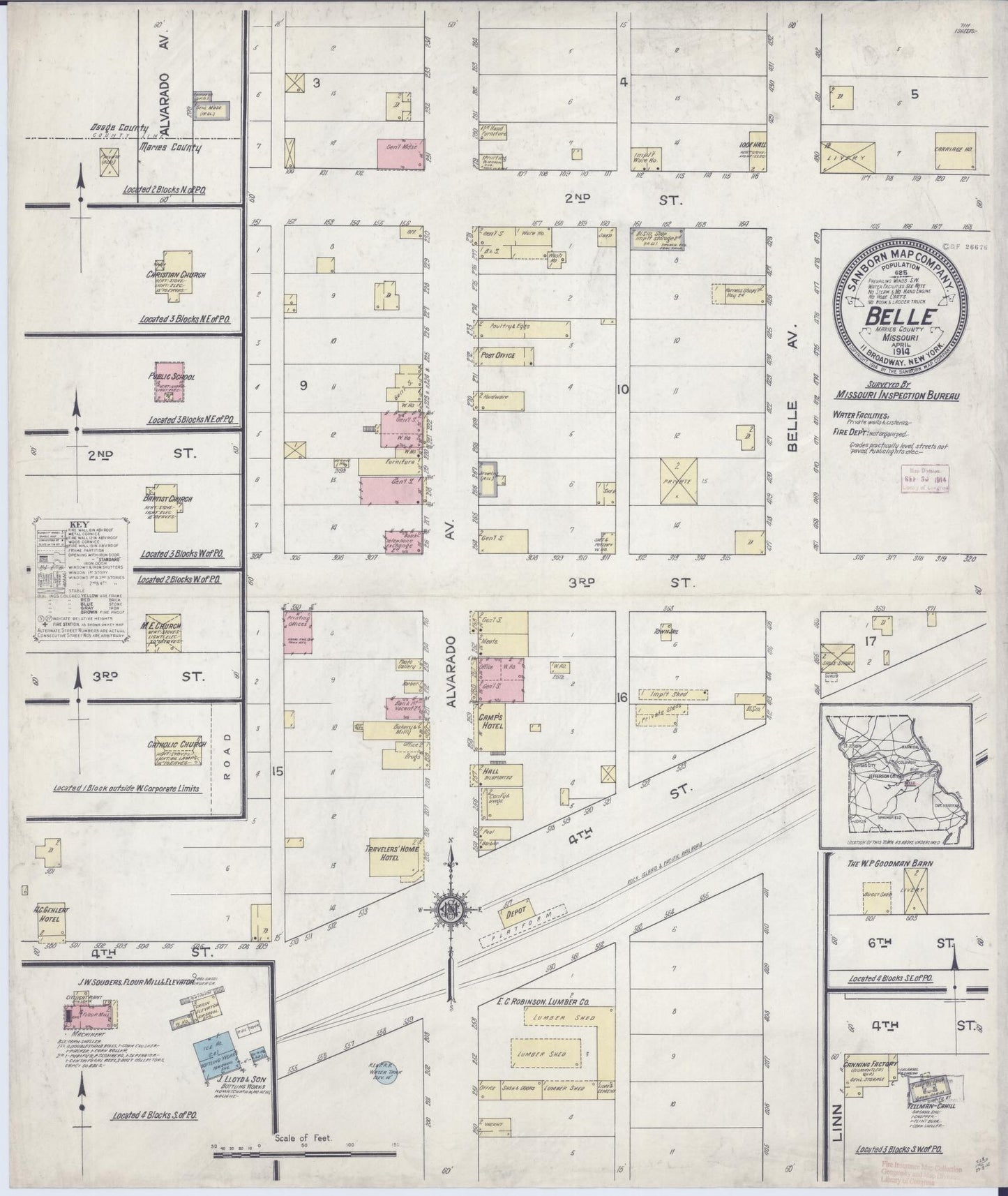 Sanborn Fire Insurance Map from Belle, Maries County, Missouri (1914), Sheet #0001 - Historic Sanborn Fire Insurance Map Print, vintage old map wall art, antique decor, genealogy gift, Missouri Missouri map