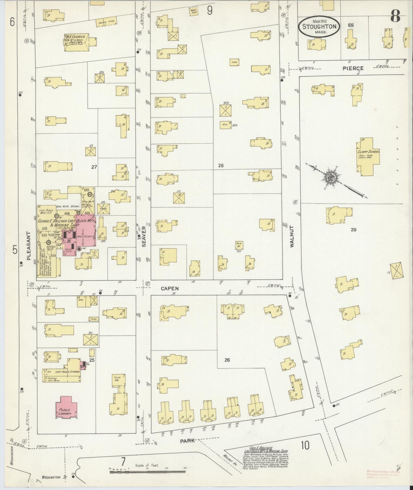 Sanborn Fire Insurance Map from Stoughton, Norfolk County, Massachusetts (1912), Sheet #0008 - Historic Sanborn Fire Insurance Map Print, vintage old map wall art, antique decor, genealogy gift, Massachusetts Massachusetts map