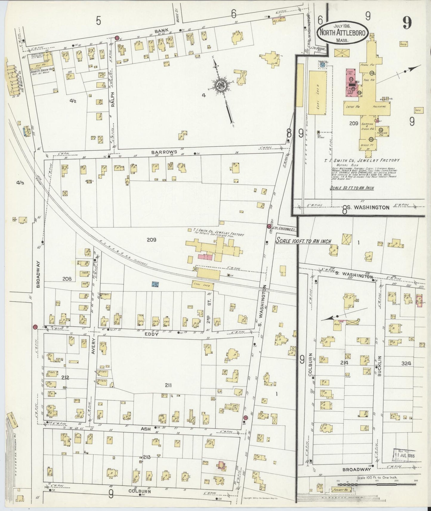 Sanborn Fire Insurance Map from North Attleborough, Bristol County, Massachusetts (1916), Sheet #0009 - Historic Sanborn Fire Insurance Map Print, vintage old map wall art, antique decor, genealogy gift, Massachusetts Massachusetts map