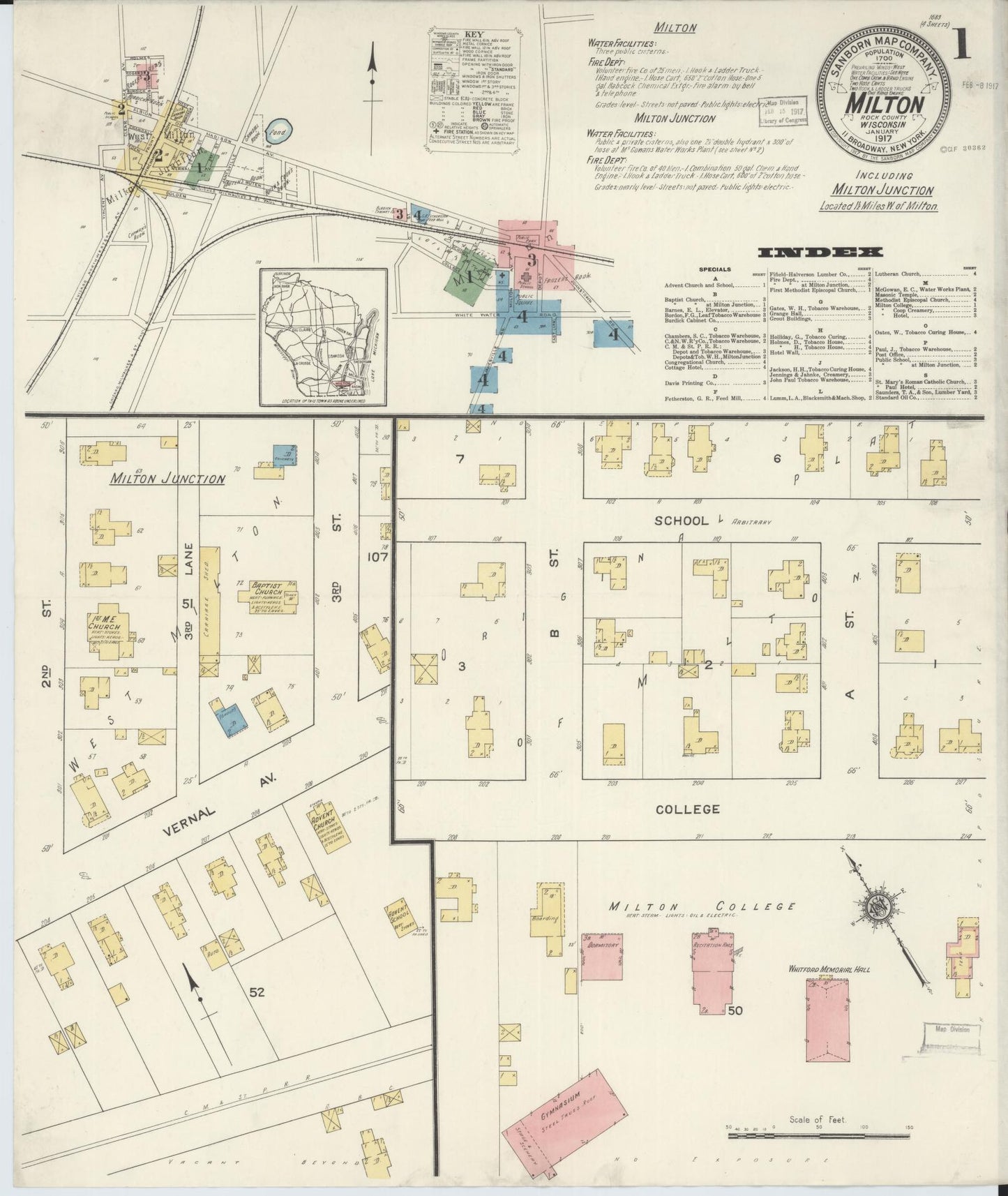 Sanborn Fire Insurance Map from Milton, Rock County, Wisconsin (1917), Sheet #0001 - Historic Sanborn Fire Insurance Map Print, vintage old map wall art, antique decor, genealogy gift, Wisconsin Wisconsin map