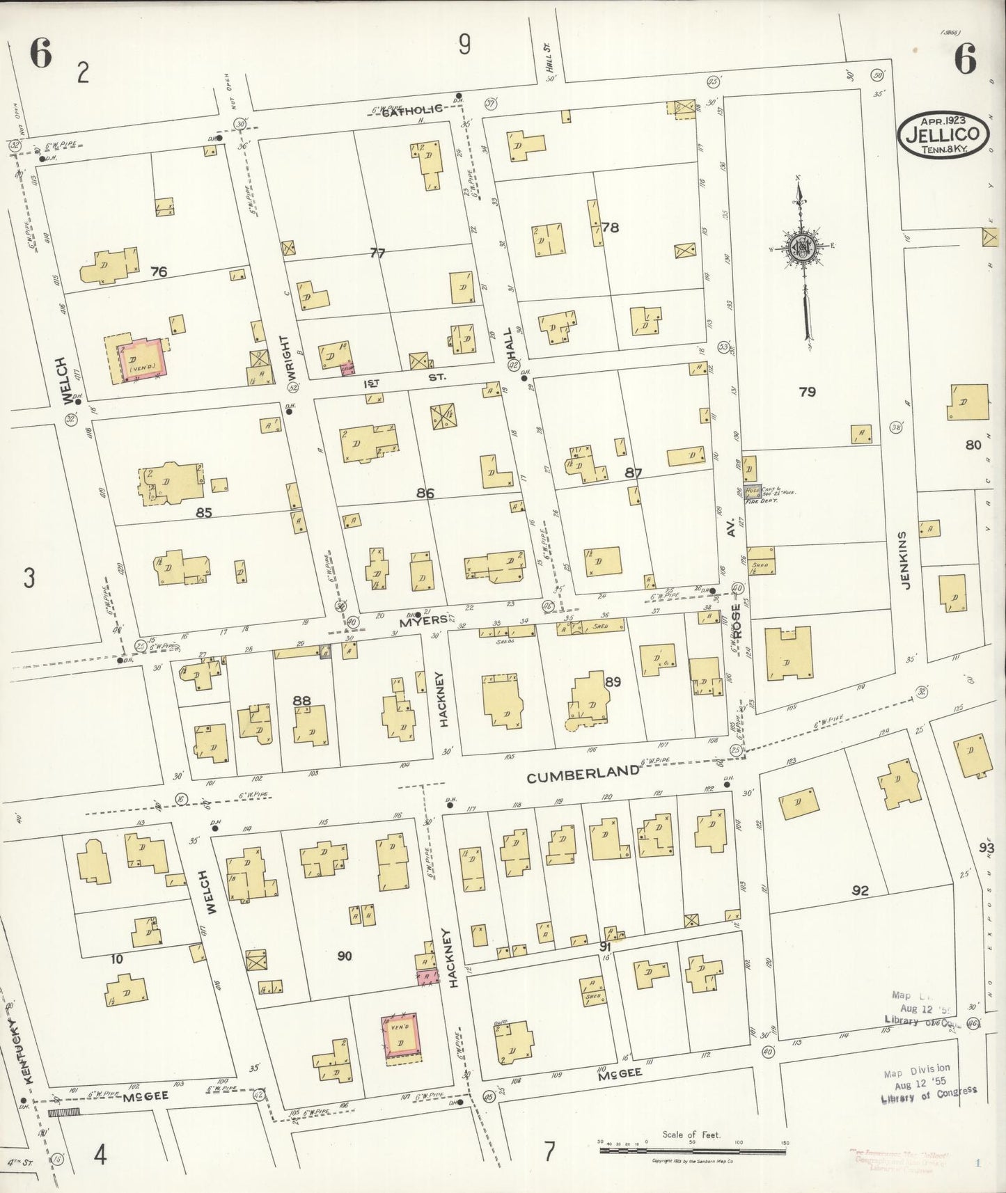 Sanborn Fire Insurance Map from Jellico, Whitley County, Ky., and Campbell County, Tenna, Kentucky (1923), Sheet #0006 - Historic Sanborn Fire Insurance Map Print, vintage old map wall art, antique decor, genealogy gift, Kentucky Kentucky map