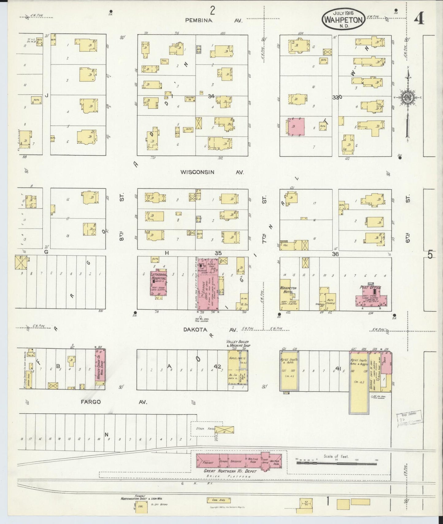 Sanborn Fire Insurance Map from Wahpeton, Richland County, North Dakota (1916), Sheet #0004 - Historic Sanborn Fire Insurance Map Print, vintage old map wall art, antique decor, genealogy gift, North Dakota North Dakota map