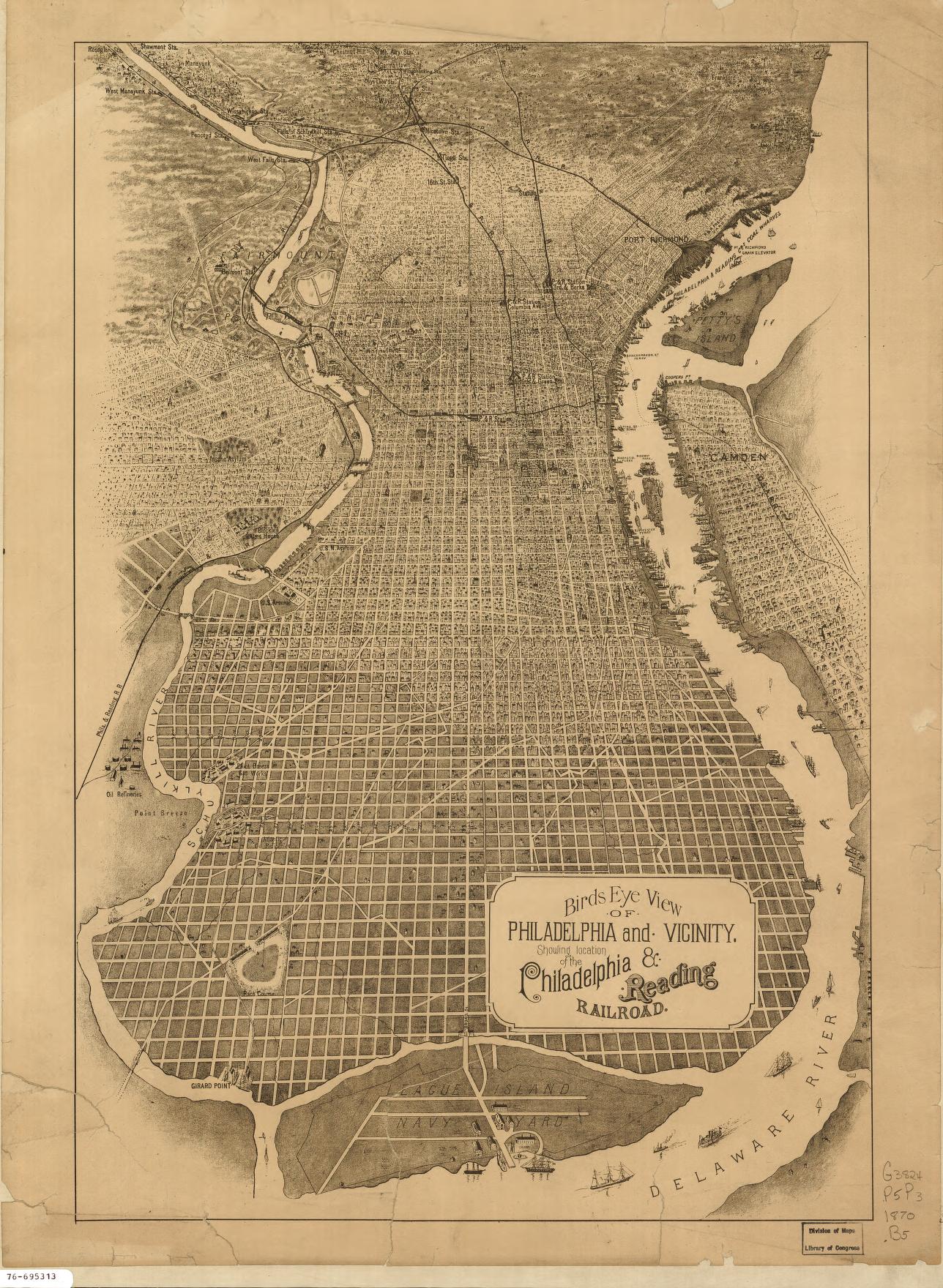 Birds eye view of Philadelphia and vicinity showing location of the Philadelphia & Reading Railroad. (1870) – Historic Bird’s-Eye View Panorama Print