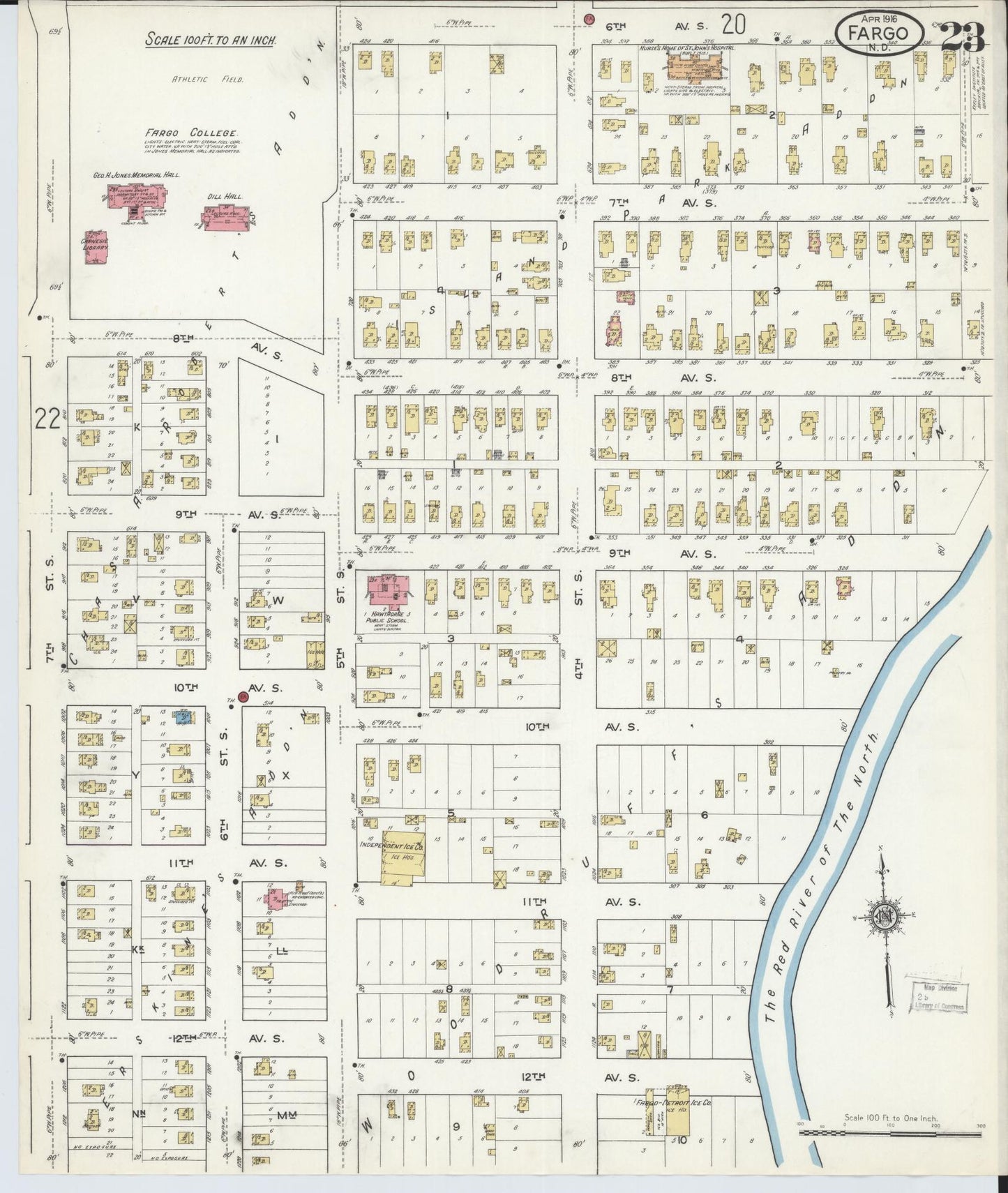 Sanborn Fire Insurance Map from Fargo, Cass County, North Dakota (1916), Sheet #0023 - Historic Sanborn Fire Insurance Map Print, vintage old map wall art, antique decor, genealogy gift, North Dakota North Dakota map