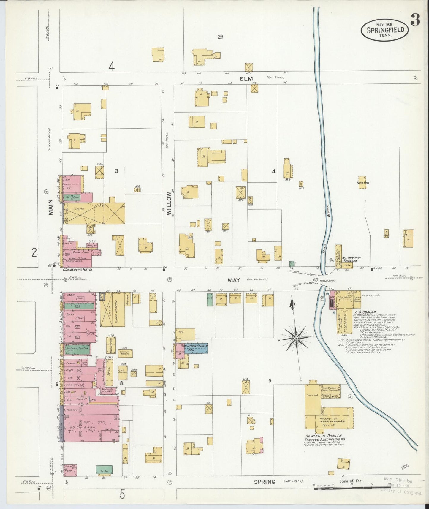 Sanborn Fire Insurance Map from Springfield, Robertson County, Tennessee (1908), Sheet #0003 - Historic Sanborn Fire Insurance Map Print, vintage old map wall art, antique decor, genealogy gift, Tennessee Tennessee map