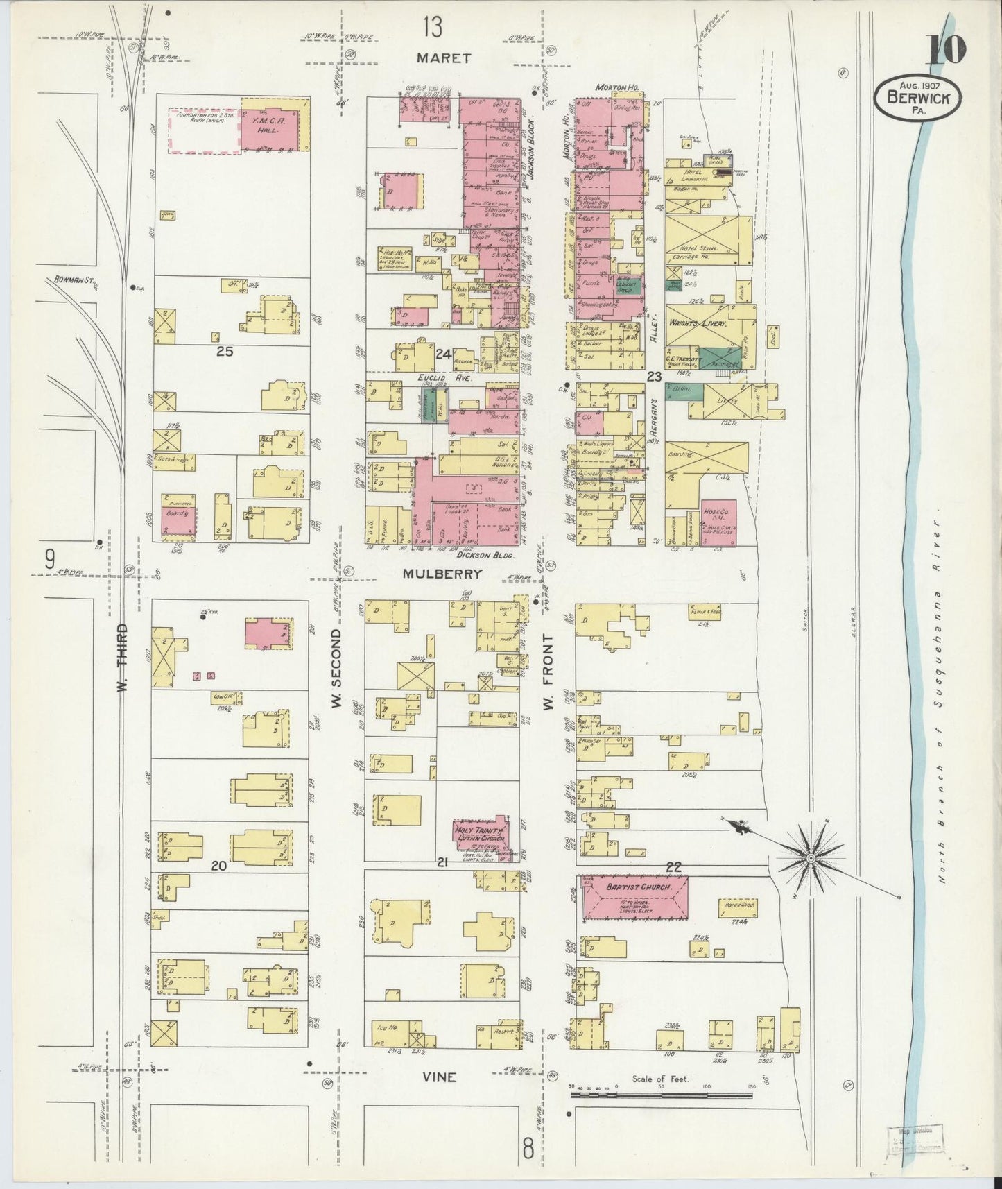 Sanborn Fire Insurance Map from Berwick, Columbia County, Pennsylvania (1907), Sheet #0010 - Historic Sanborn Fire Insurance Map Print, vintage old map wall art, antique decor, genealogy gift, Pennsylvania Pennsylvania map