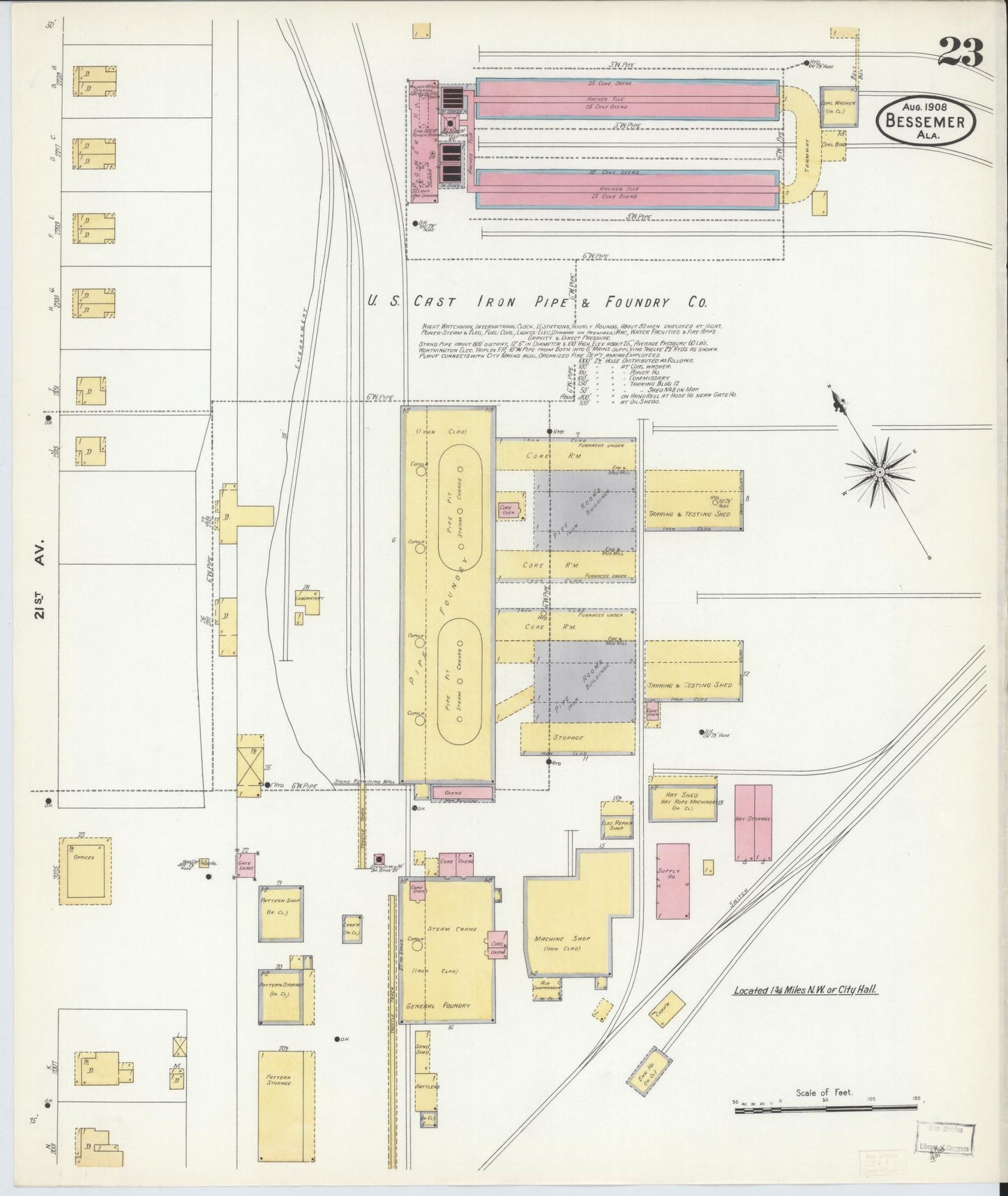 Sanborn Fire Insurance Map from Bessemer, Jefferson County, Alabama (1908), Sheet #0023 - Historic Sanborn Fire Insurance Map Print, vintage old map wall art, antique decor, genealogy gift, Alabama Alabama map