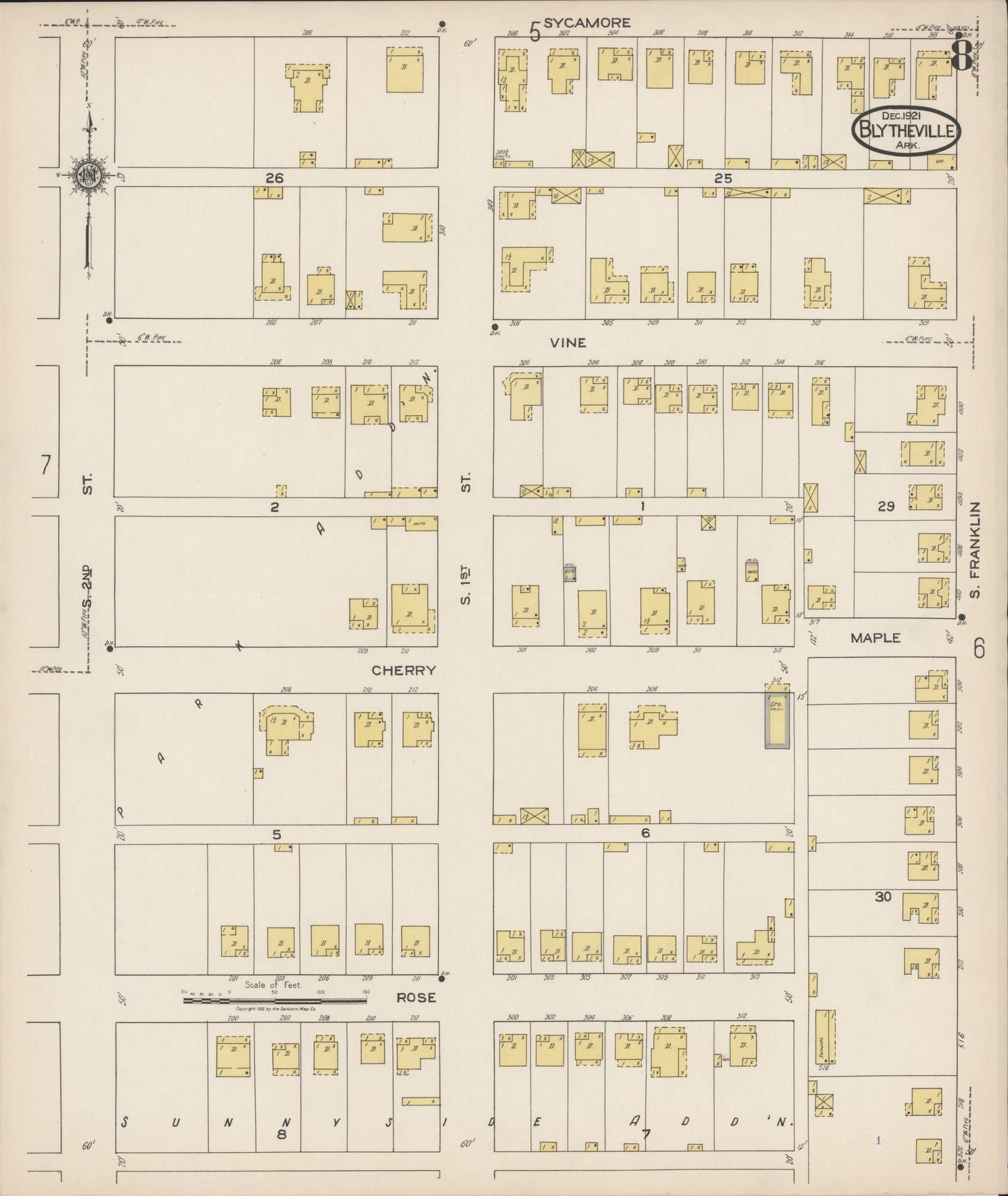 Sanborn Fire Insurance Map from Blytheville, Mississippi County, Arkansas (1921), Sheet #0008 - Historic Sanborn Fire Insurance Map Print, vintage old map wall art, antique decor, genealogy gift, Arkansas Arkansas map