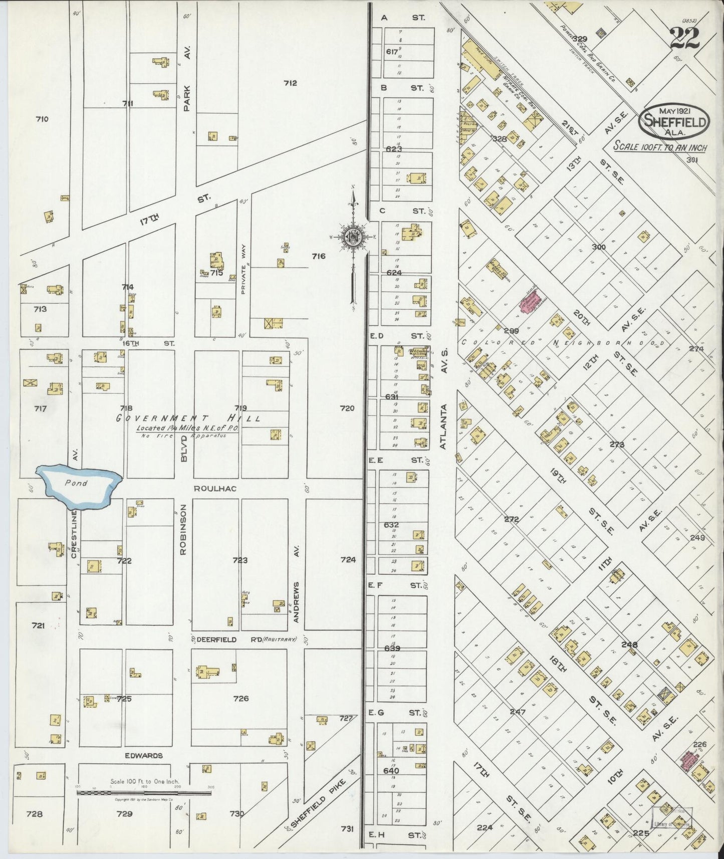 Sanborn Fire Insurance Map from Sheffield, Colbert County, Alabama (1921), Sheet #0022 - Complete Map Set gallery image, historic Sanborn map, vintage wall art, Alabama Alabama