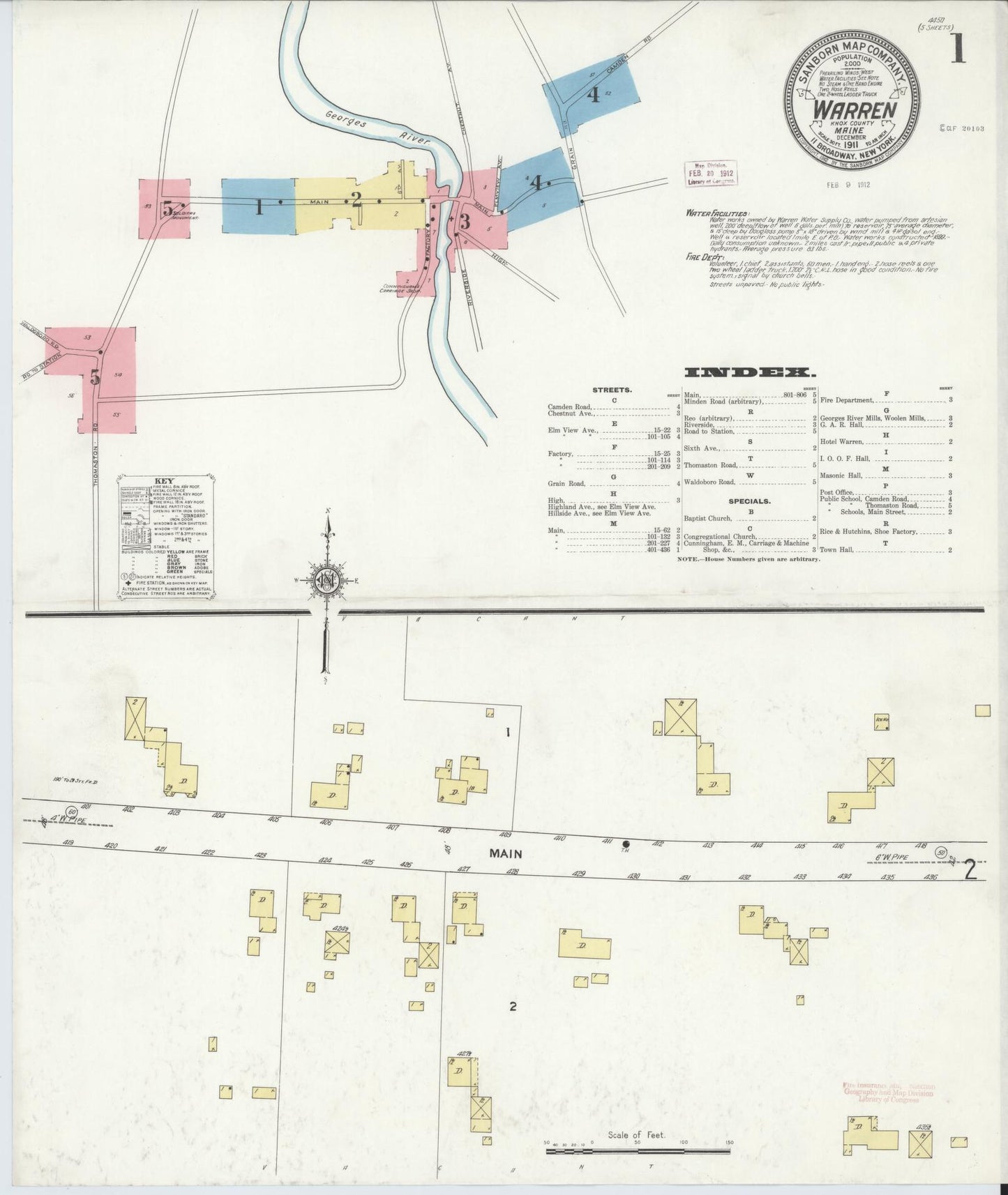 Sanborn Fire Insurance Map from Warren, Knox County, Maine (1911), Sheet #0001 - Historic Sanborn Fire Insurance Map Print, vintage old map wall art, antique decor, genealogy gift, Maine Maine map