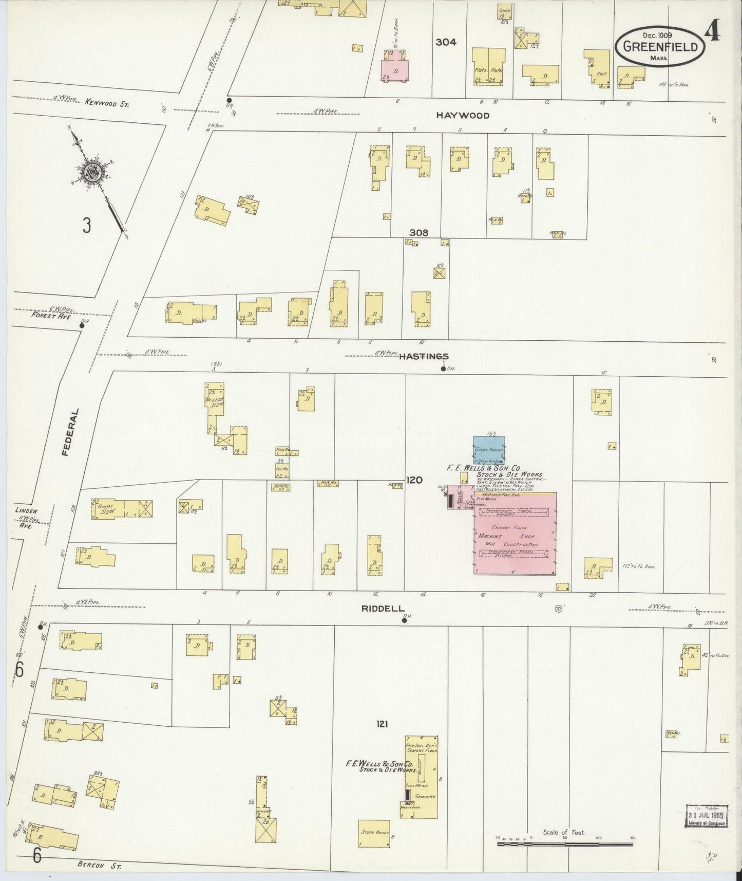 Sanborn Fire Insurance Map from Greenfield, Franklin County, Massachusetts (1909), Sheet #0004 - Historic Sanborn Fire Insurance Map Print, vintage old map wall art, antique decor, genealogy gift, Massachusetts Massachusetts map