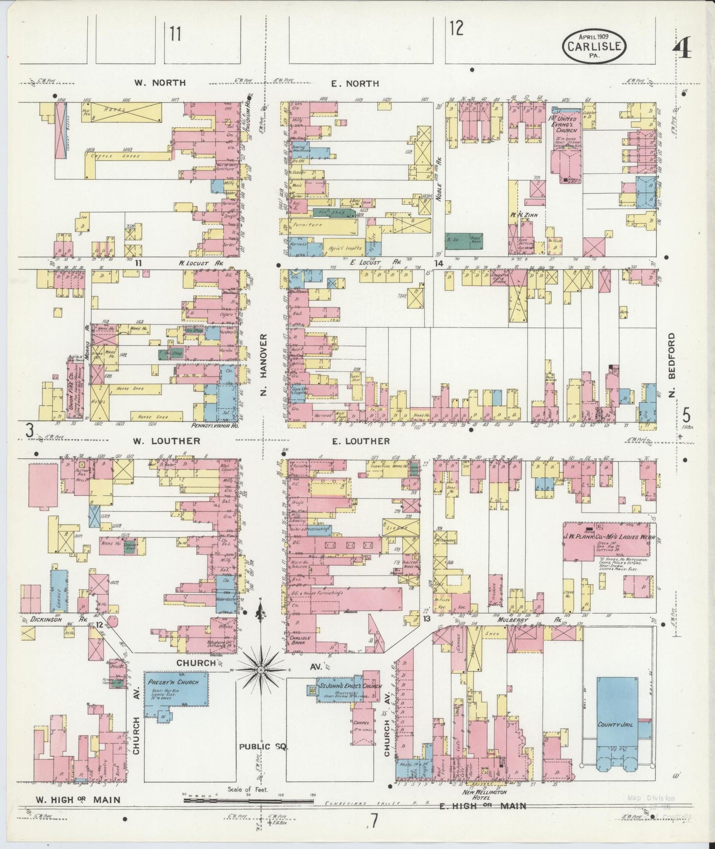 Sanborn Fire Insurance Map from Carlisle, Cumberland County, Pennsylvania (1909), Sheet #0004 - Historic Sanborn Fire Insurance Map Print, vintage old map wall art, antique decor, genealogy gift, Pennsylvania Pennsylvania map