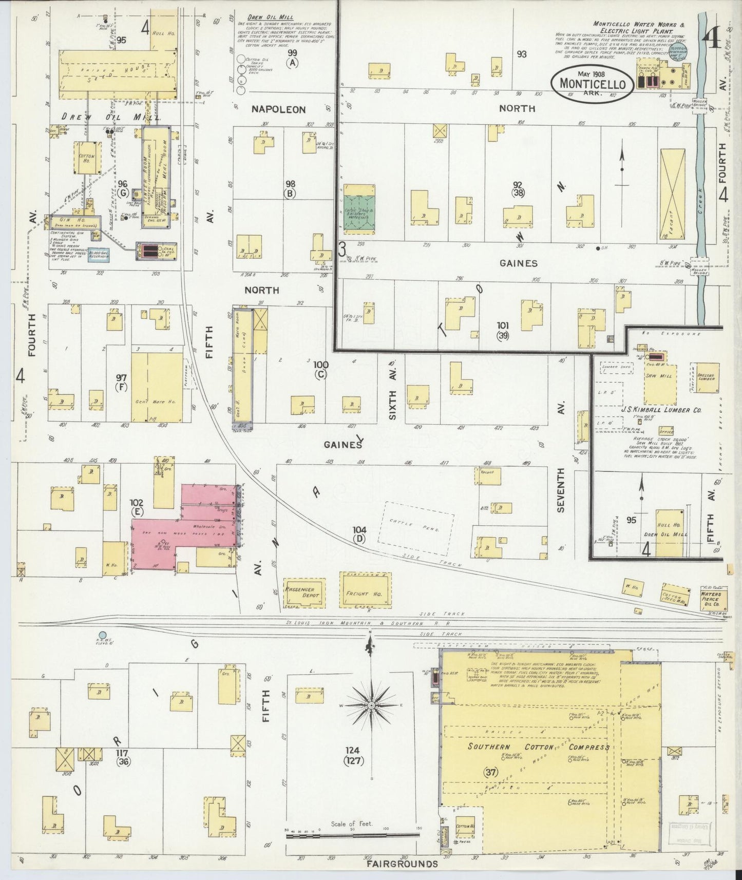 Sanborn Fire Insurance Map from Monticello, Drew County, Arkansas (1908), Sheet #0004 - Historic Sanborn Fire Insurance Map Print, vintage old map wall art, antique decor, genealogy gift, Arkansas Arkansas map