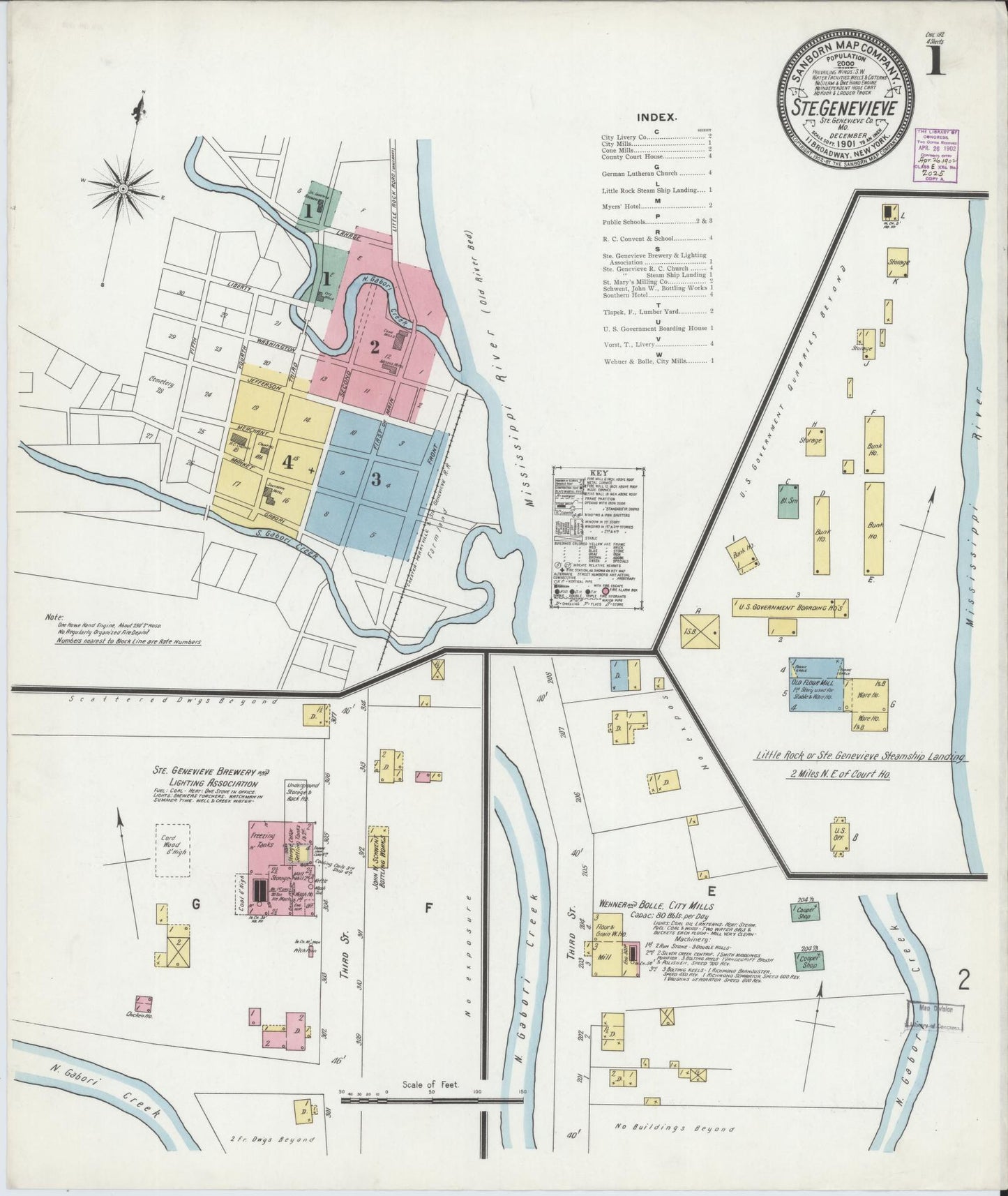 Sanborn Fire Insurance Map from Sainte Genevieve, Saint Genevieve County, Missouri (1901), Sheet #0001 - Historic Sanborn Fire Insurance Map Print, vintage old map wall art, antique decor, genealogy gift, Missouri Missouri map